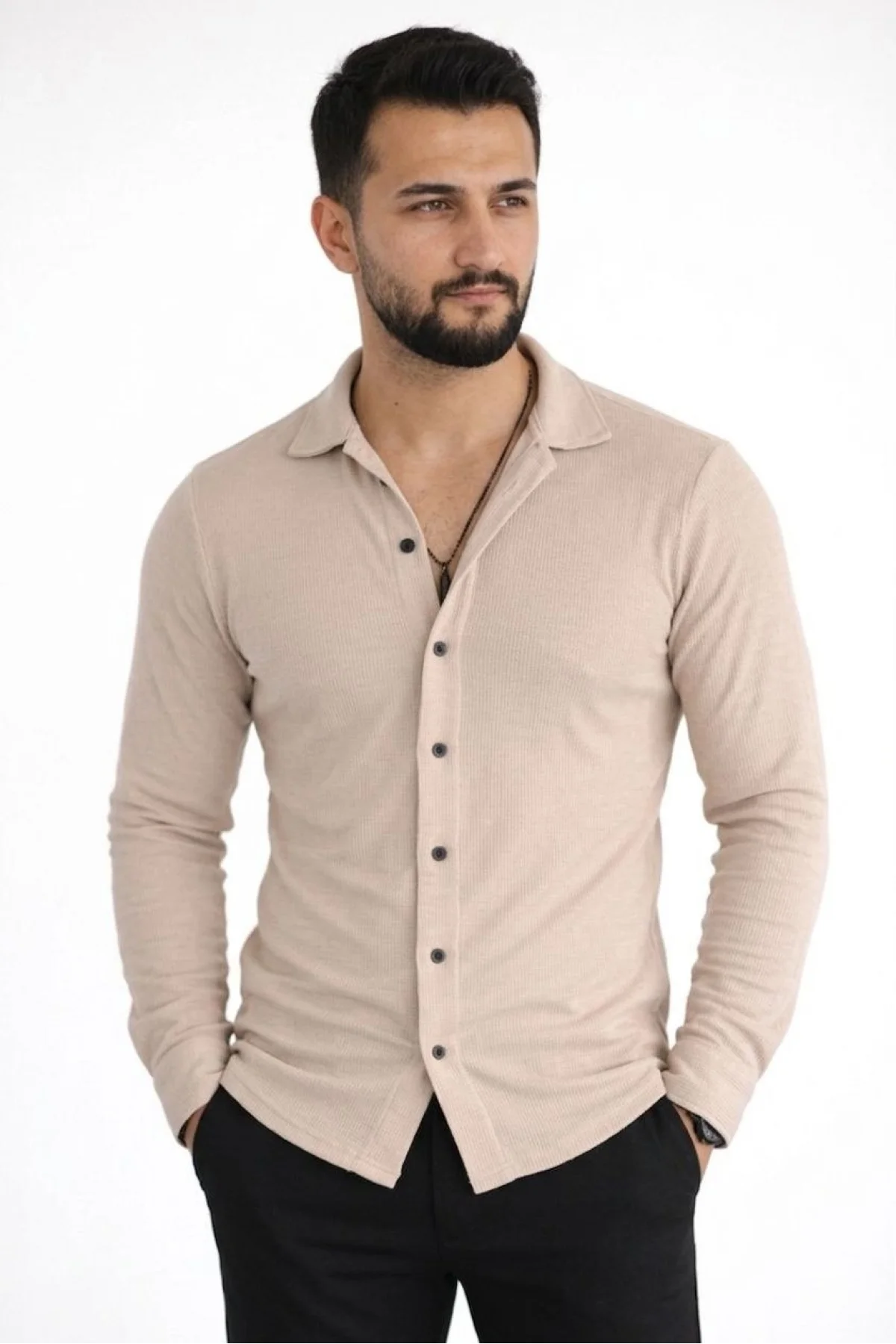 Erkek Waffle Kumaş Uzun Kollu Düğmeli Açık Yaka Regular Fit Gömlek - Bej