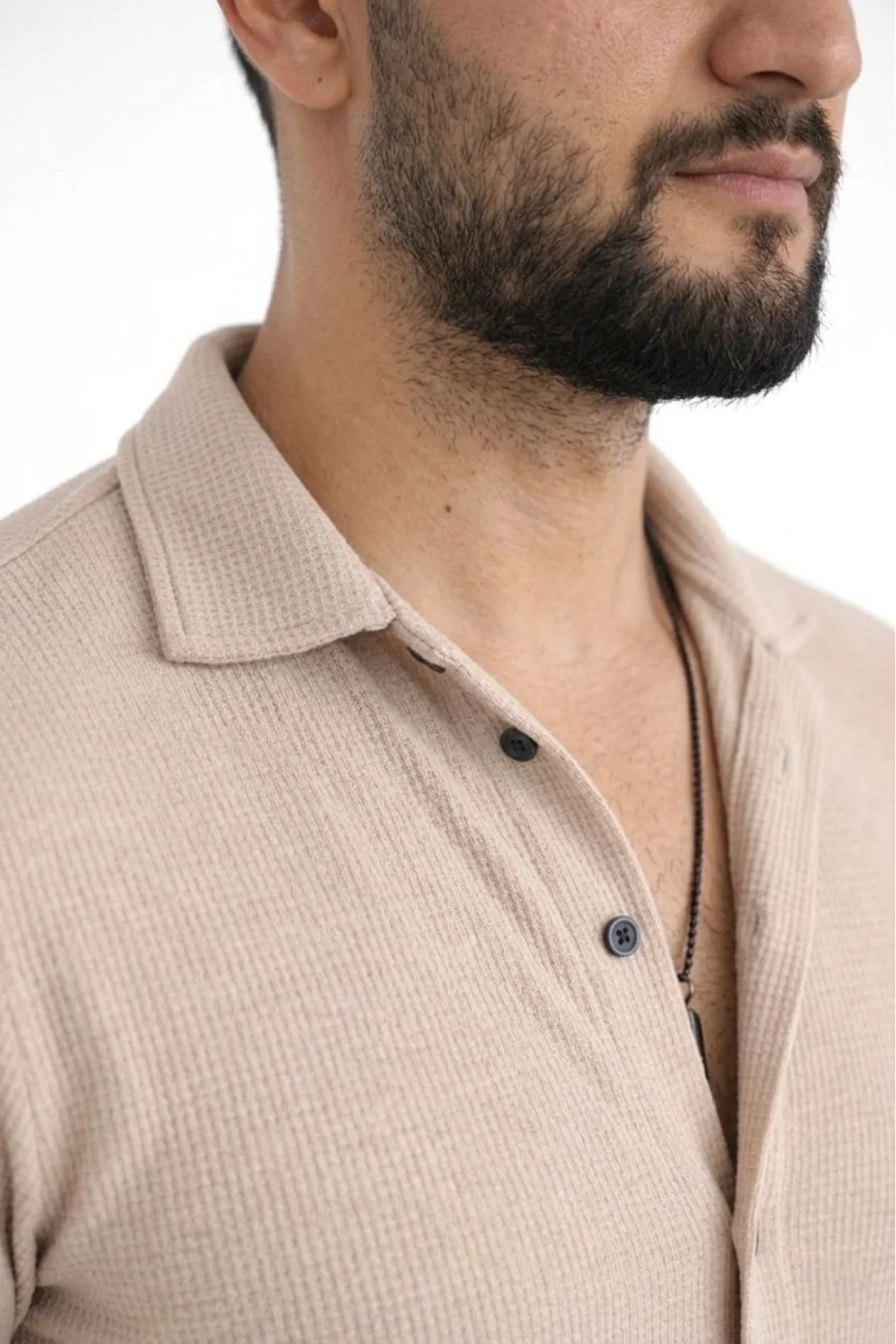 Erkek Waffle Kumaş Uzun Kollu Düğmeli Açık Yaka Regular Fit Gömlek - Bej
