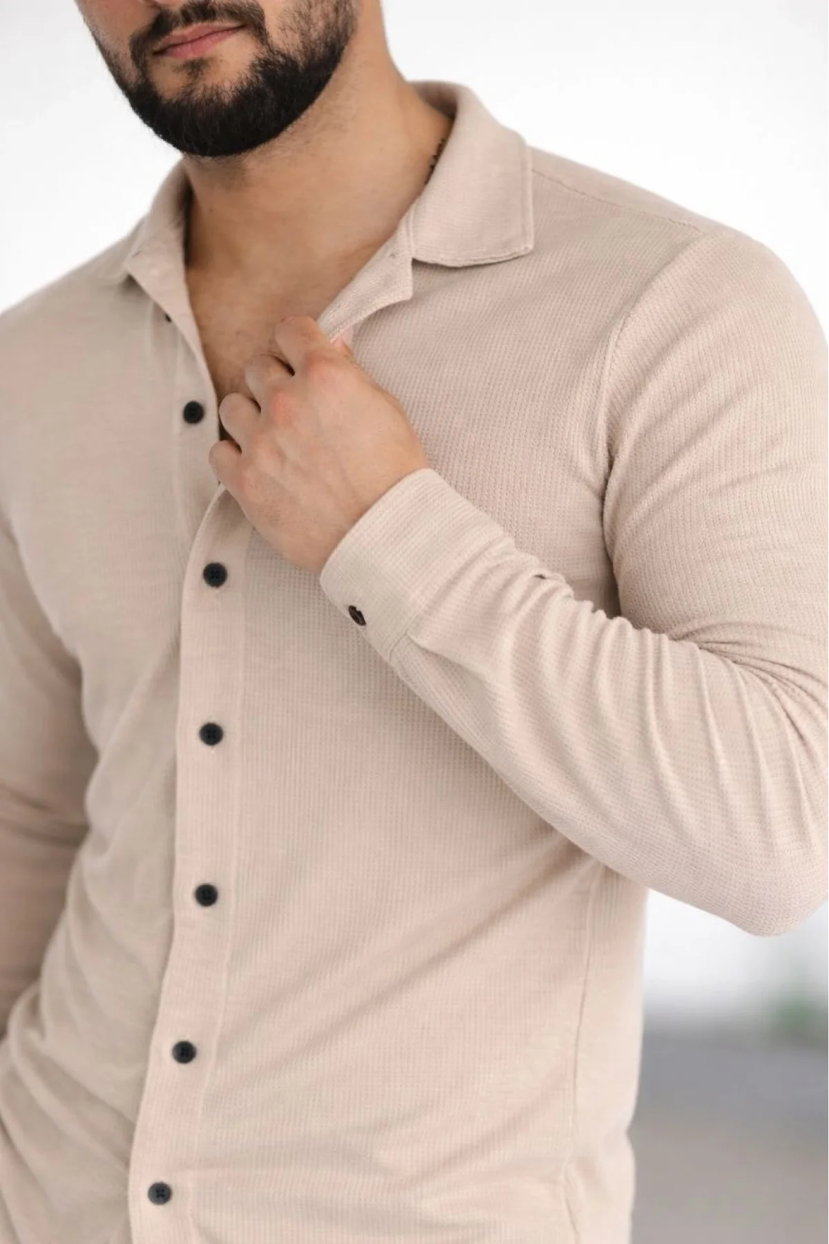 Erkek Waffle Kumaş Uzun Kollu Düğmeli Açık Yaka Regular Fit Gömlek - Bej
