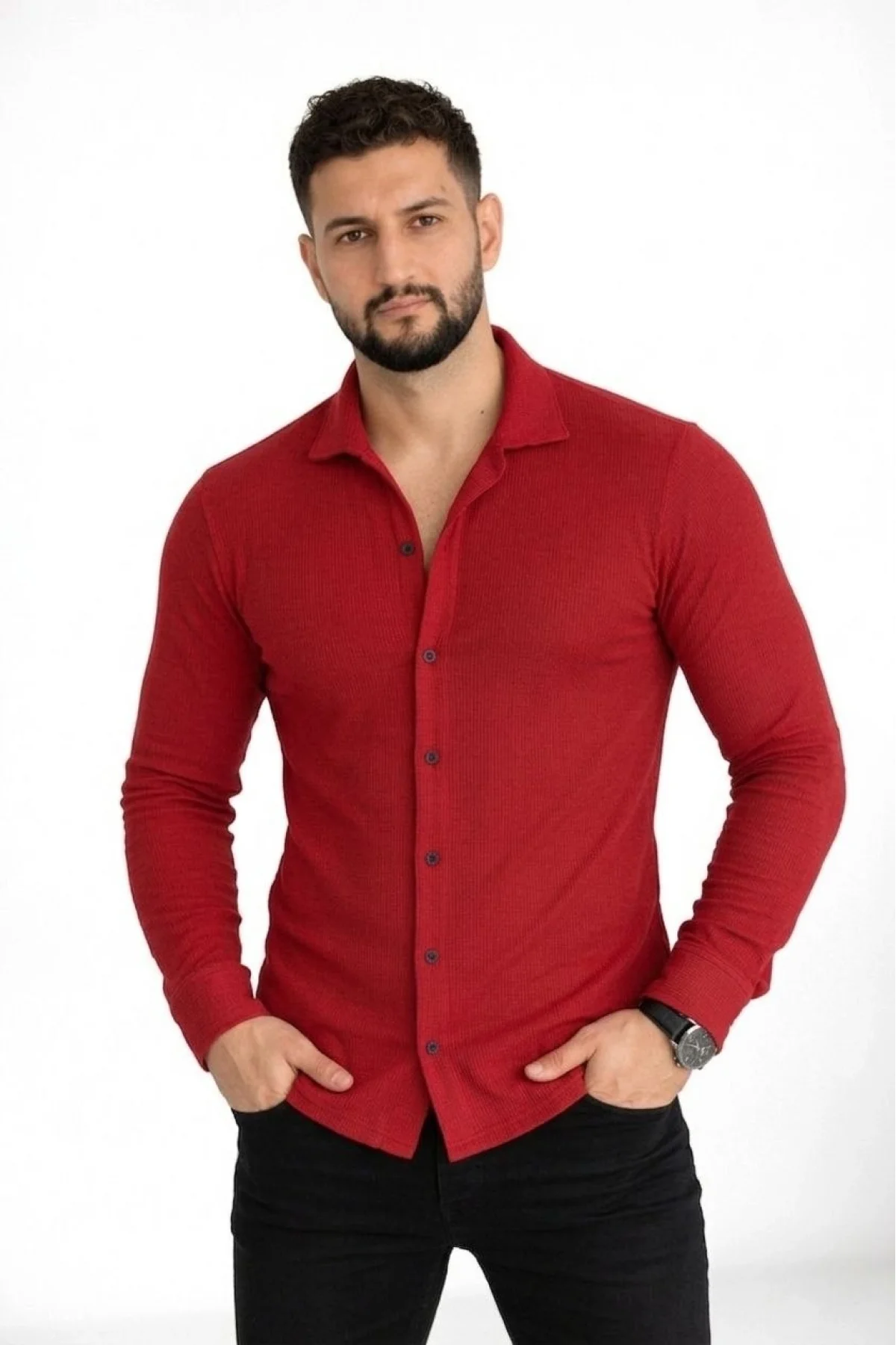 Erkek Waffle Kumaş Uzun Kollu Düğmeli Açık Yaka Regular Fit Gömlek - Kırmızı