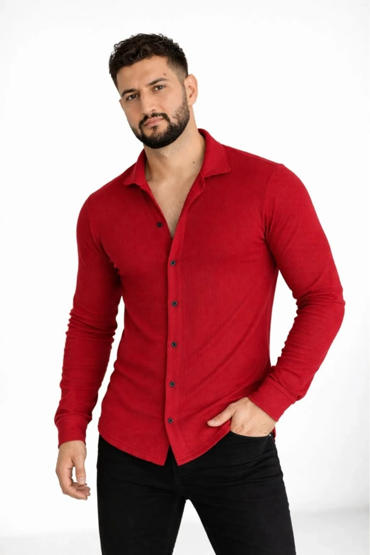 Erkek Waffle Kumaş Uzun Kollu Düğmeli Açık Yaka Regular Fit Gömlek - Kırmızı