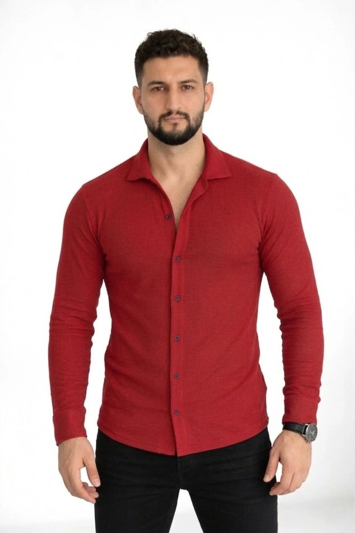 Erkek Waffle Kumaş Uzun Kollu Düğmeli Açık Yaka Regular Fit Gömlek - Kırmızı