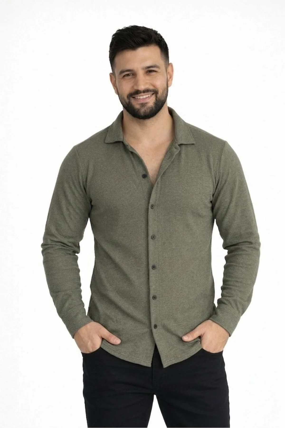 Erkek Waffle Kumaş Uzun Kollu Düğmeli Açık Yaka Regular Fit Gömlek - Haki