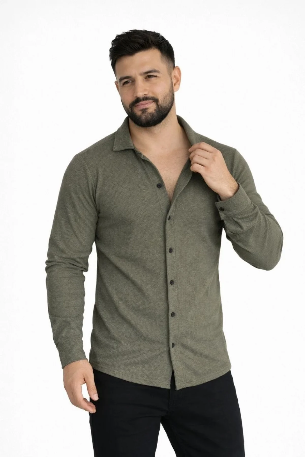 Erkek Waffle Kumaş Uzun Kollu Düğmeli Açık Yaka Regular Fit Gömlek - Haki