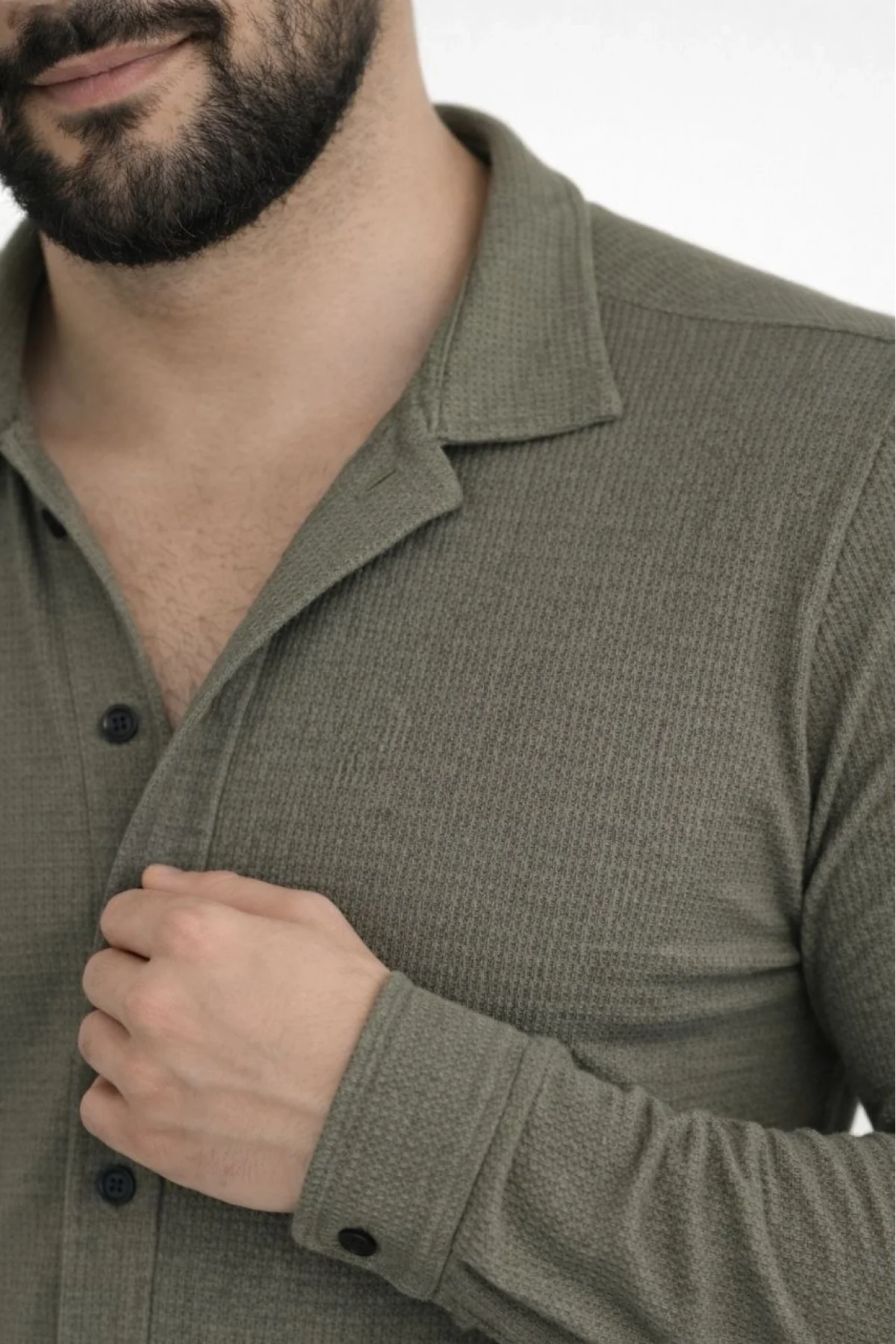Erkek Waffle Kumaş Uzun Kollu Düğmeli Açık Yaka Regular Fit Gömlek - Haki