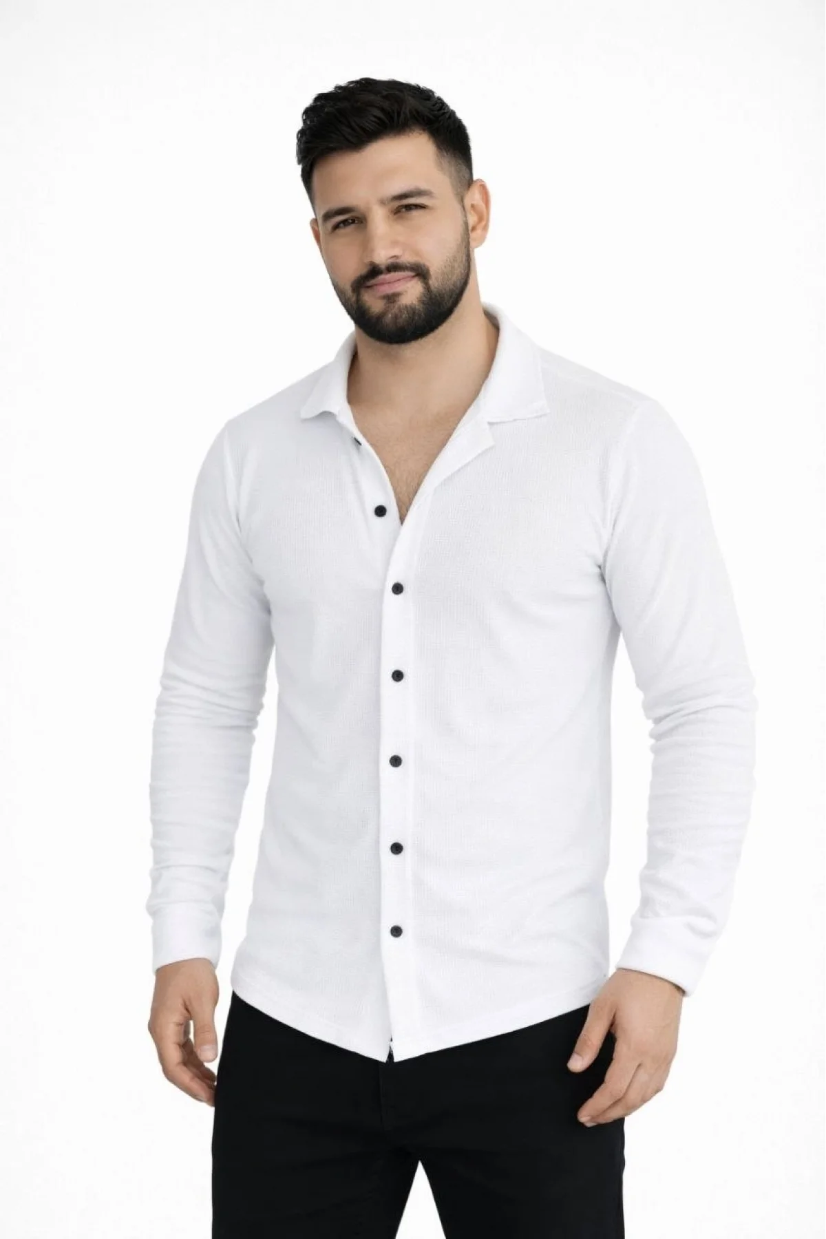Erkek Waffle Kumaş Uzun Kollu Düğmeli Açık Yaka Regular Fit Gömlek - Beyaz