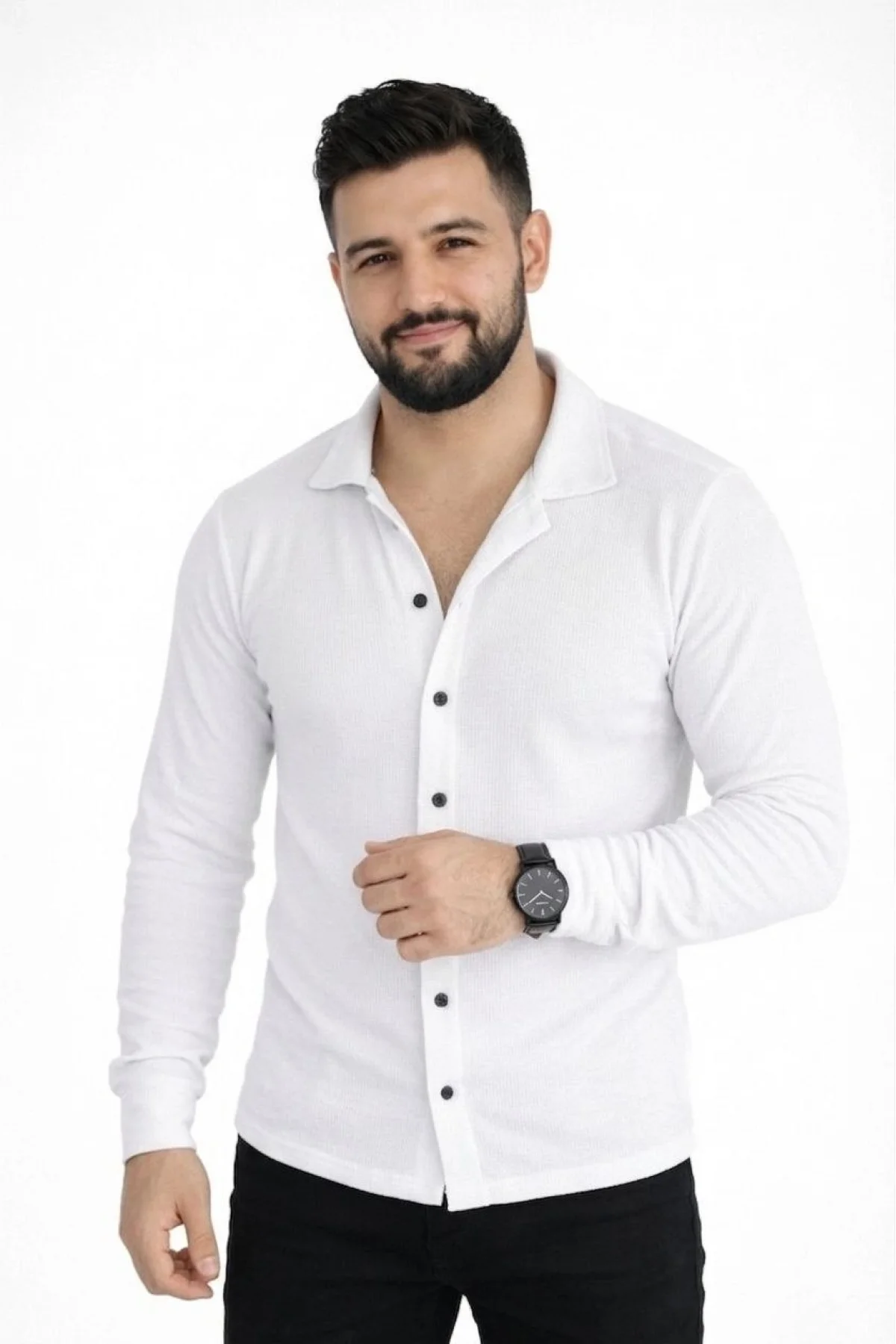 Erkek Waffle Kumaş Uzun Kollu Düğmeli Açık Yaka Regular Fit Gömlek - Beyaz