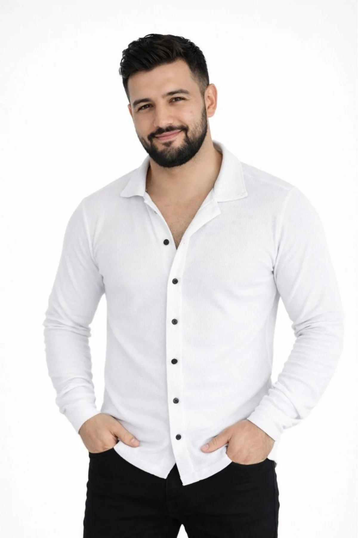 Erkek Waffle Kumaş Uzun Kollu Düğmeli Açık Yaka Regular Fit Gömlek - Beyaz