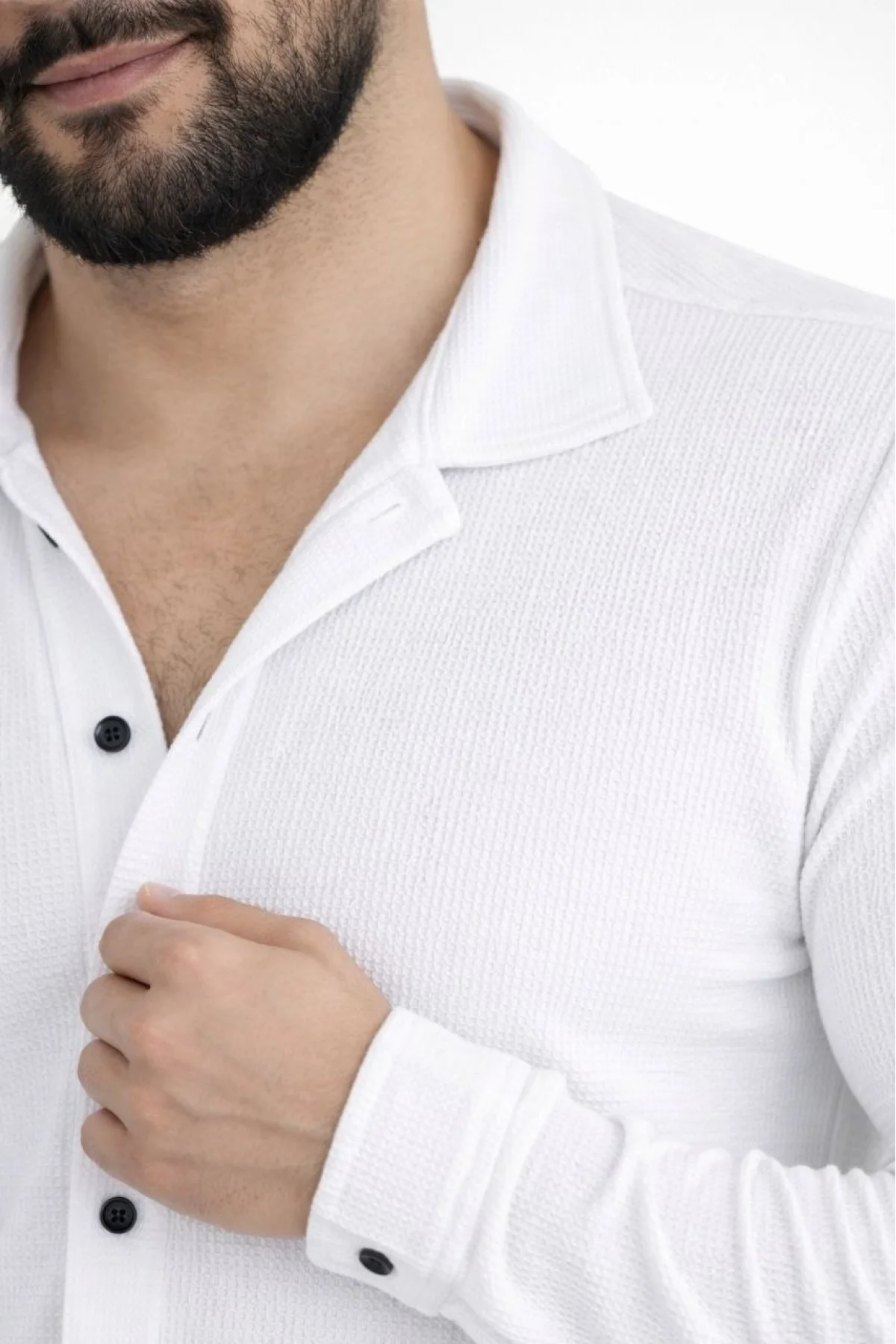 Erkek Waffle Kumaş Uzun Kollu Düğmeli Açık Yaka Regular Fit Gömlek - Beyaz