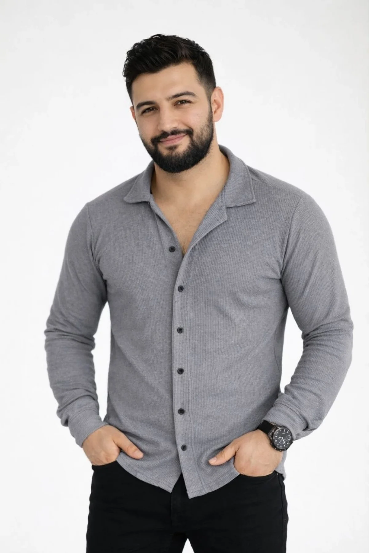 Erkek Waffle Kumaş Uzun Kollu Düğmeli Açık Yaka Regular Fit Gömlek - Füme