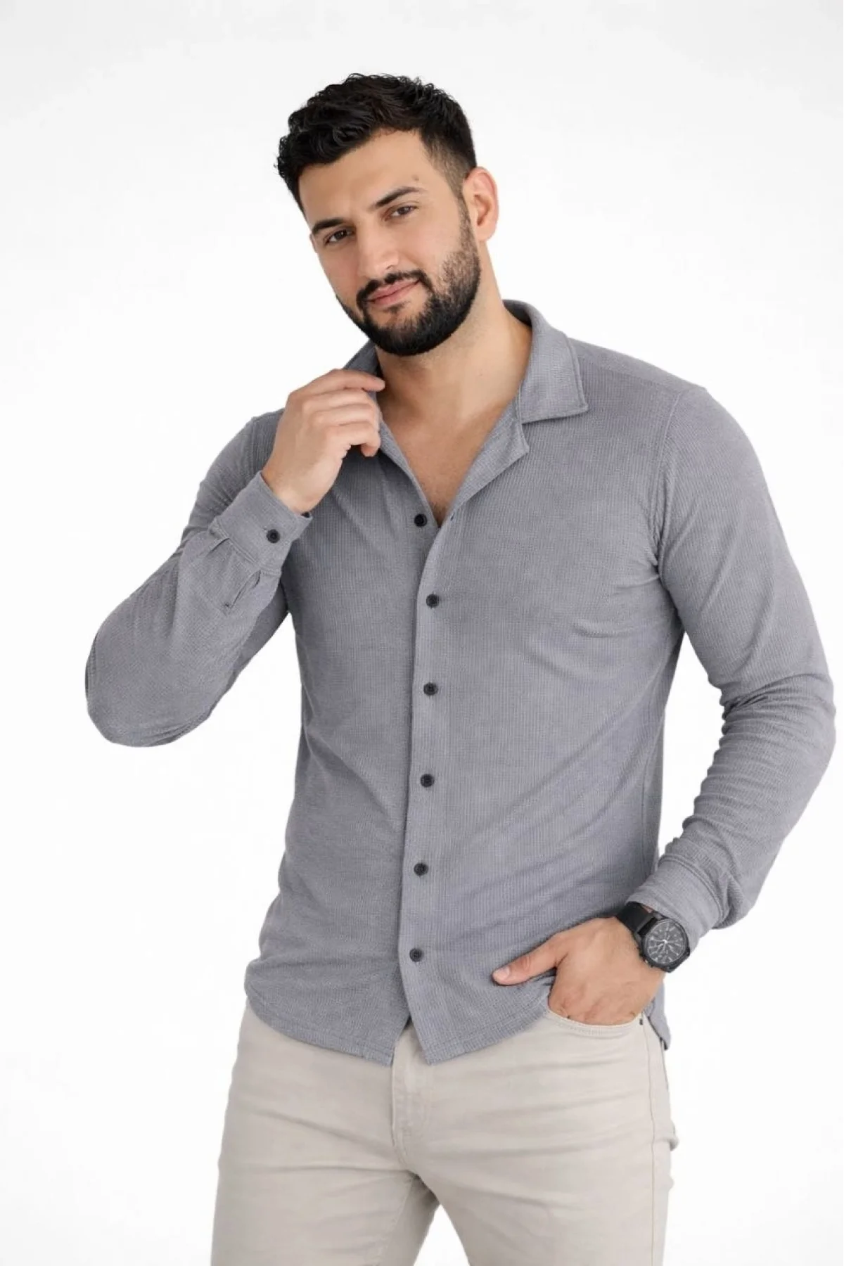 Erkek Waffle Kumaş Uzun Kollu Düğmeli Açık Yaka Regular Fit Gömlek - Füme