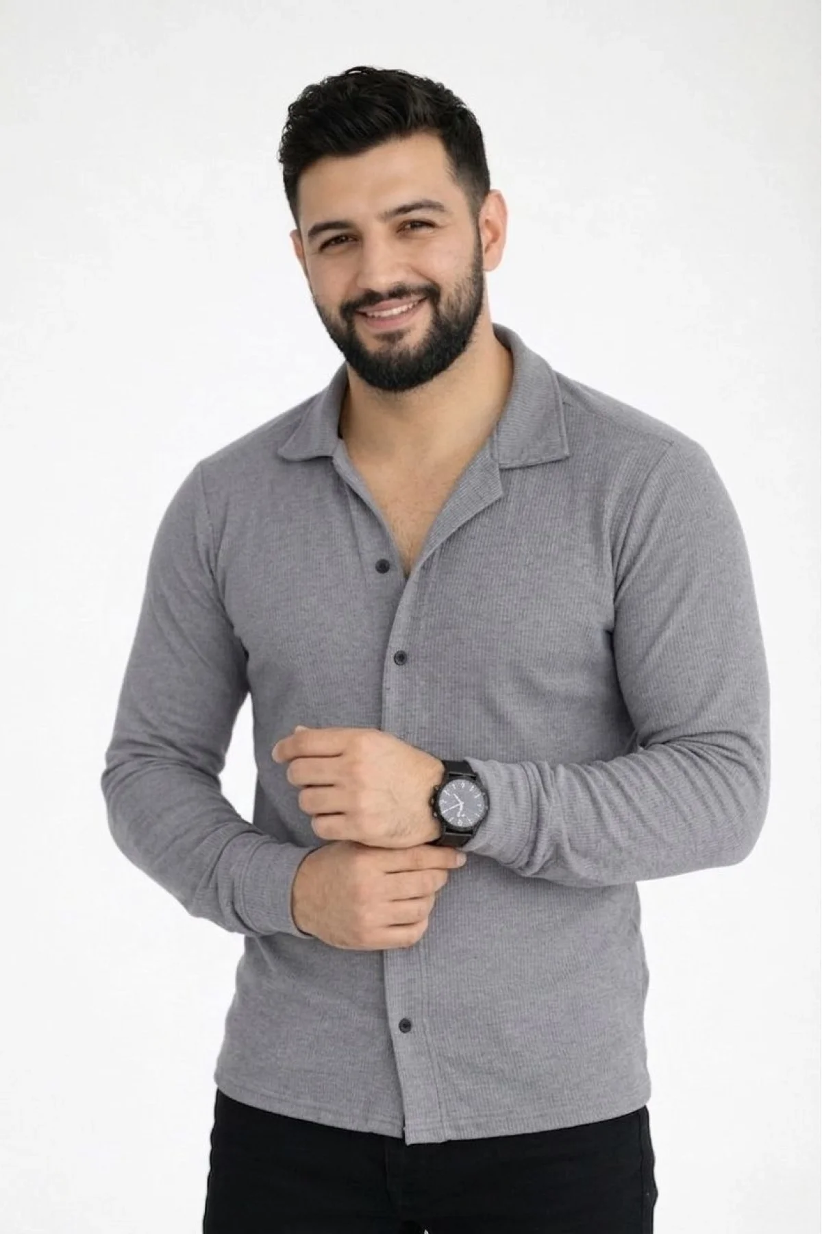 Erkek Waffle Kumaş Uzun Kollu Düğmeli Açık Yaka Regular Fit Gömlek - Füme