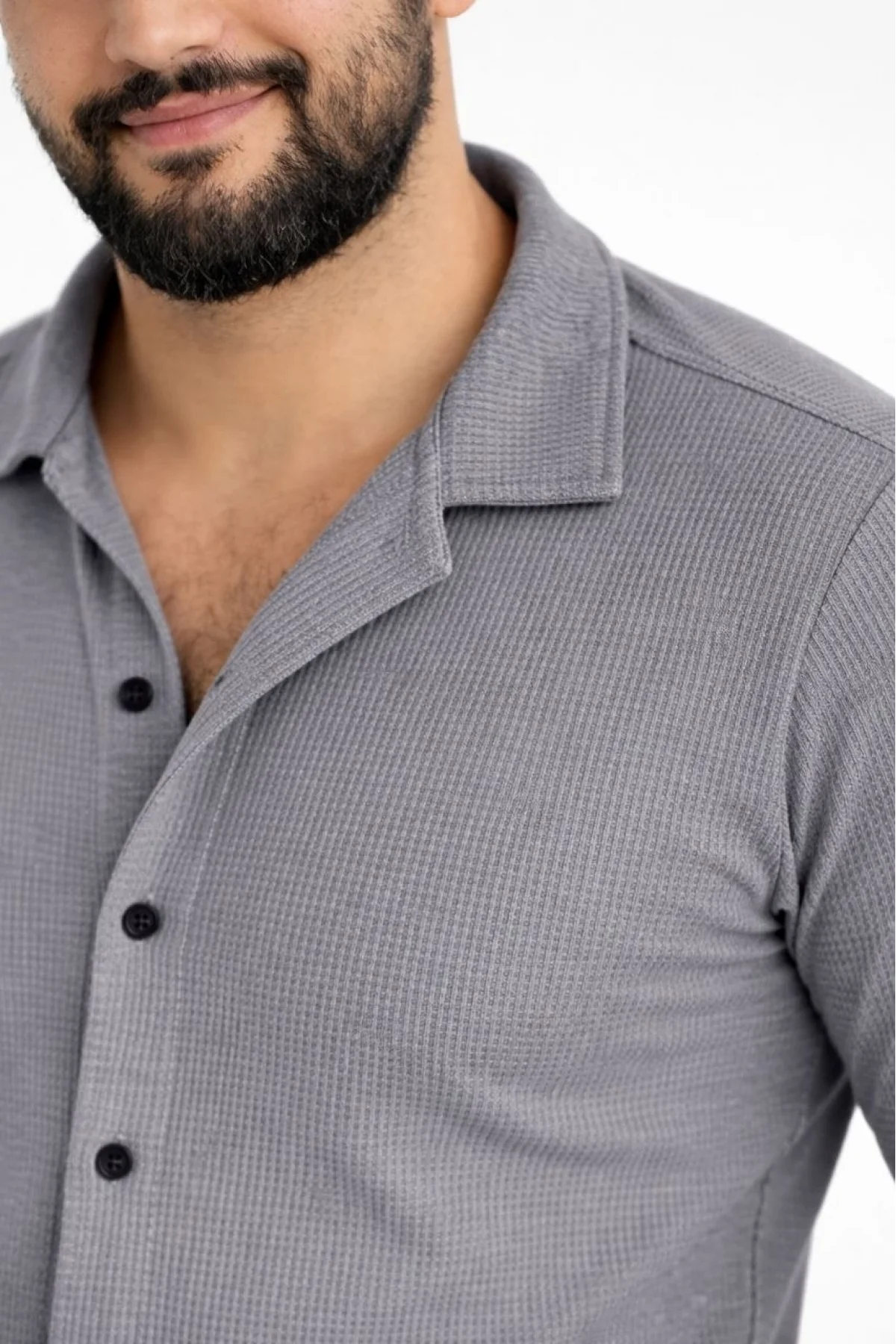 Erkek Waffle Kumaş Uzun Kollu Düğmeli Açık Yaka Regular Fit Gömlek - Füme