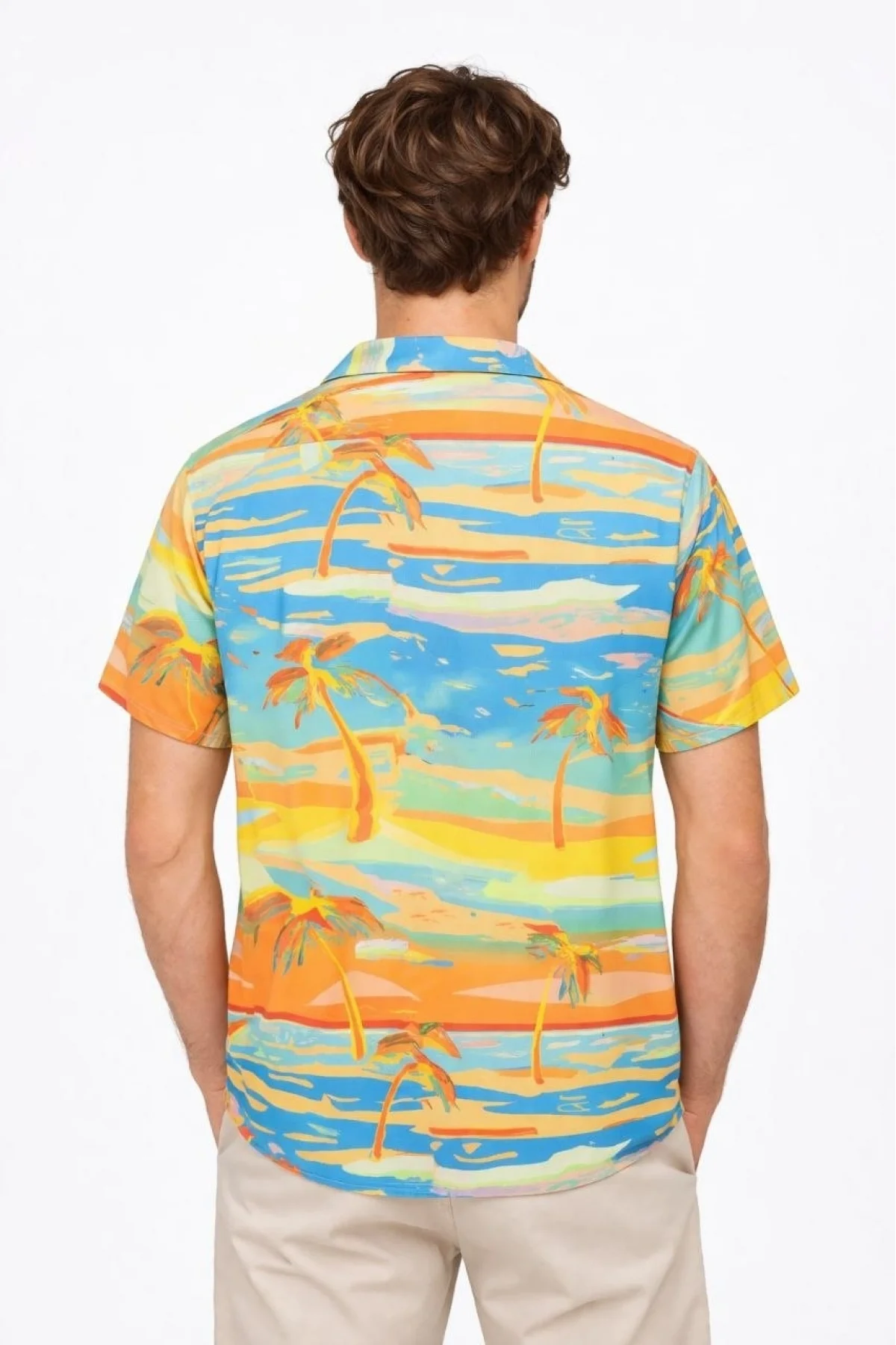 Erkek Tropikal Palmiye Desenli Kısa Kol Gömlek Yazlık Beach Tarz Rahat Kalıp - Desenli