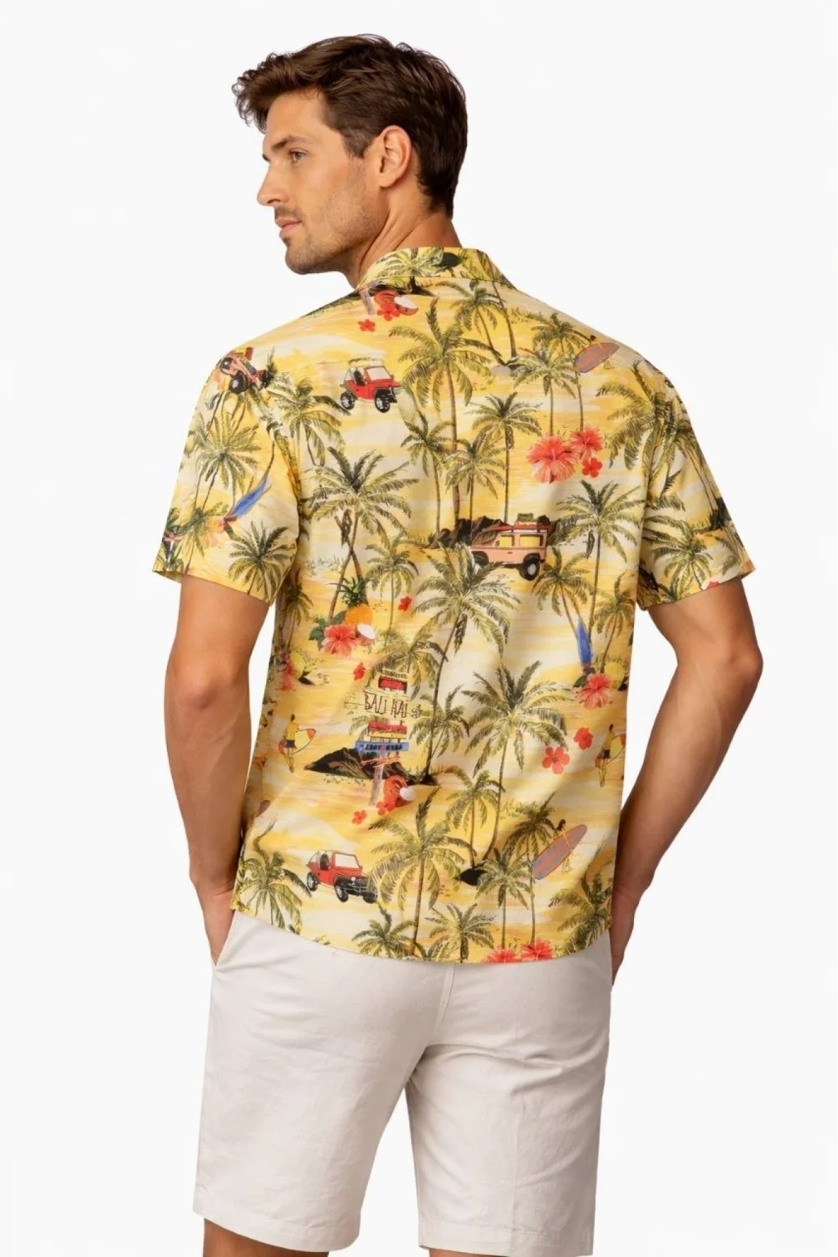 Erkek Tropikal Palmiye Desenli Kısa Kol Gömlek Hawaii Tarz Yazlık Rahat Kalıp - Desenli