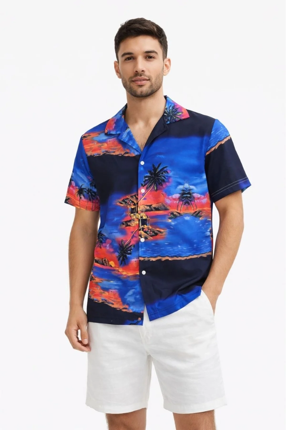 Erkek Tropikal Ada Manzara Desenli Kısa Kol Gömlek Hawaii Tarz Yazlık Rahat Kalıp - Desenli