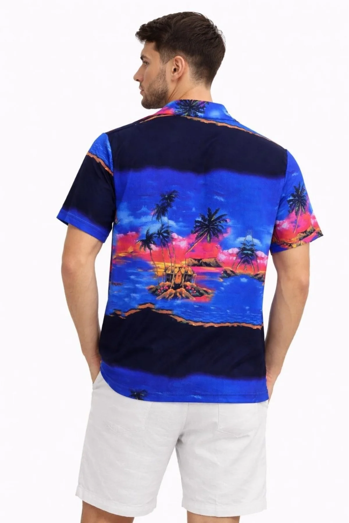 Erkek Tropikal Ada Manzara Desenli Kısa Kol Gömlek Hawaii Tarz Yazlık Rahat Kalıp - Desenli