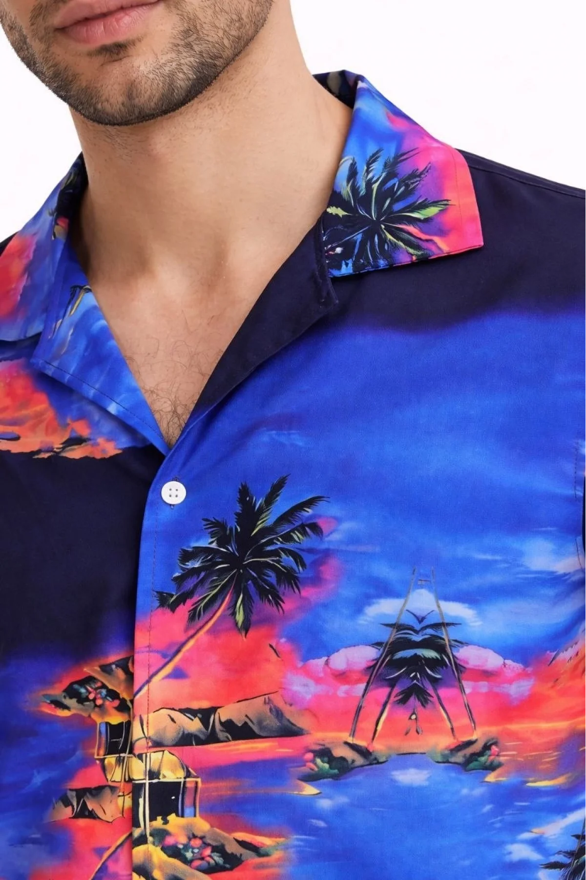 Erkek Tropikal Ada Manzara Desenli Kısa Kol Gömlek Hawaii Tarz Yazlık Rahat Kalıp - Desenli