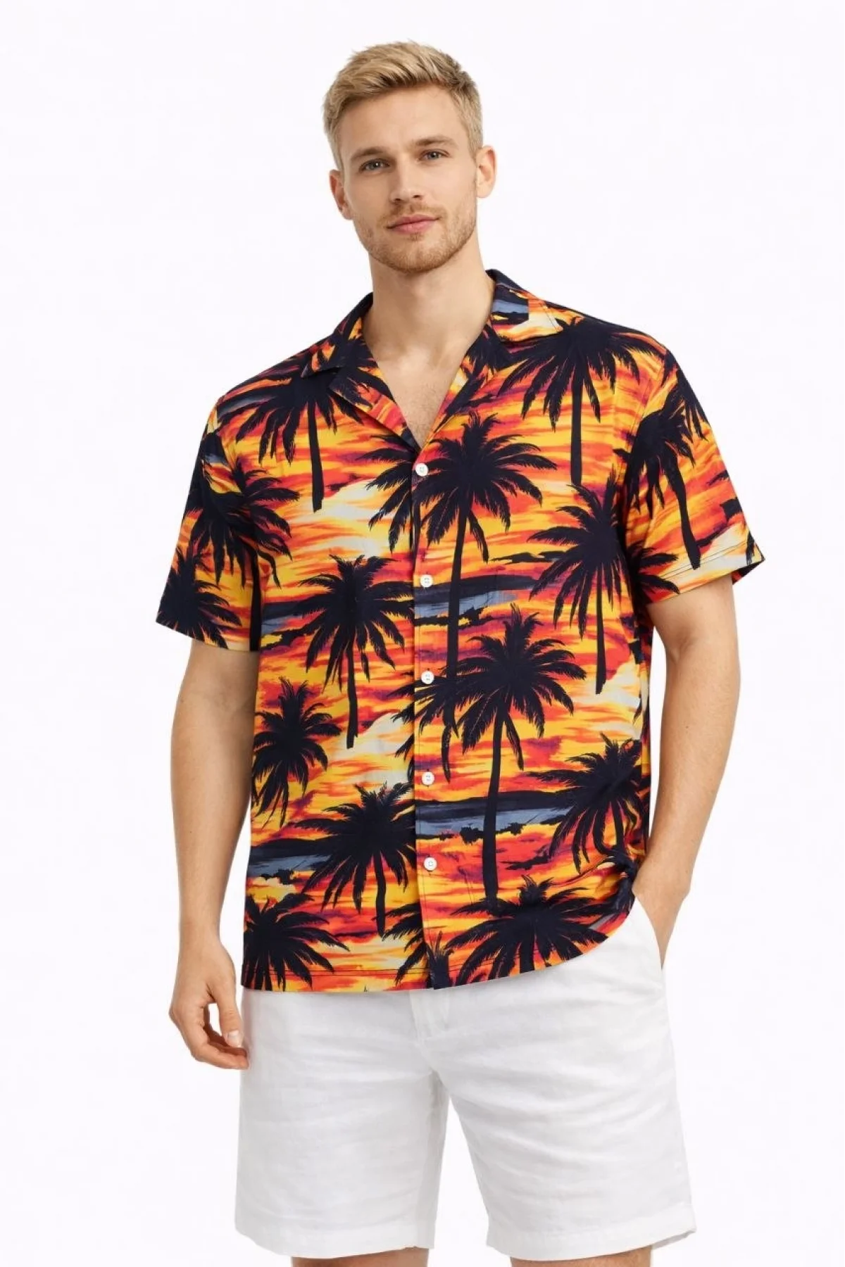 Erkek Gün Batımı Palmiye Desenli Kısa Kol Gömlek Hawaii Tarz Yazlık Rahat Kalıp - Desenli