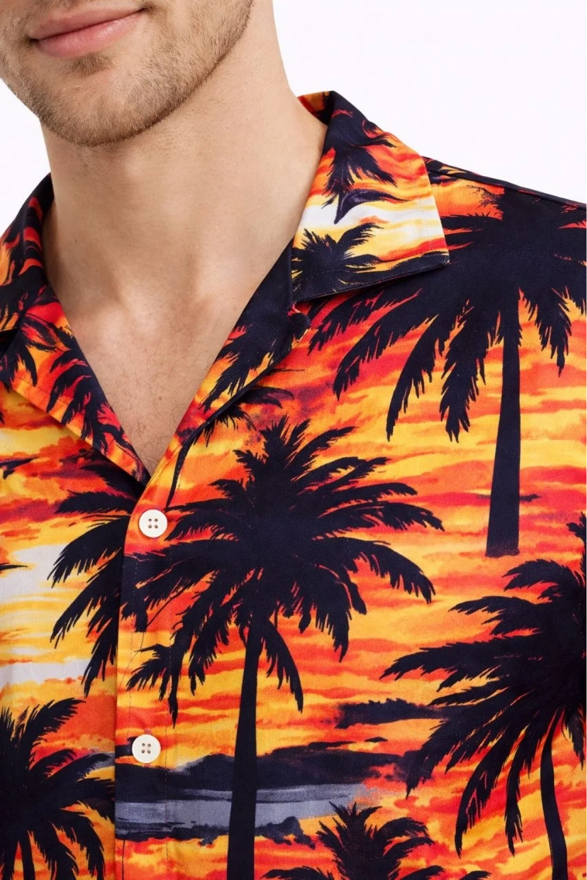 Erkek Gün Batımı Palmiye Desenli Kısa Kol Gömlek Hawaii Tarz Yazlık Rahat Kalıp - Desenli