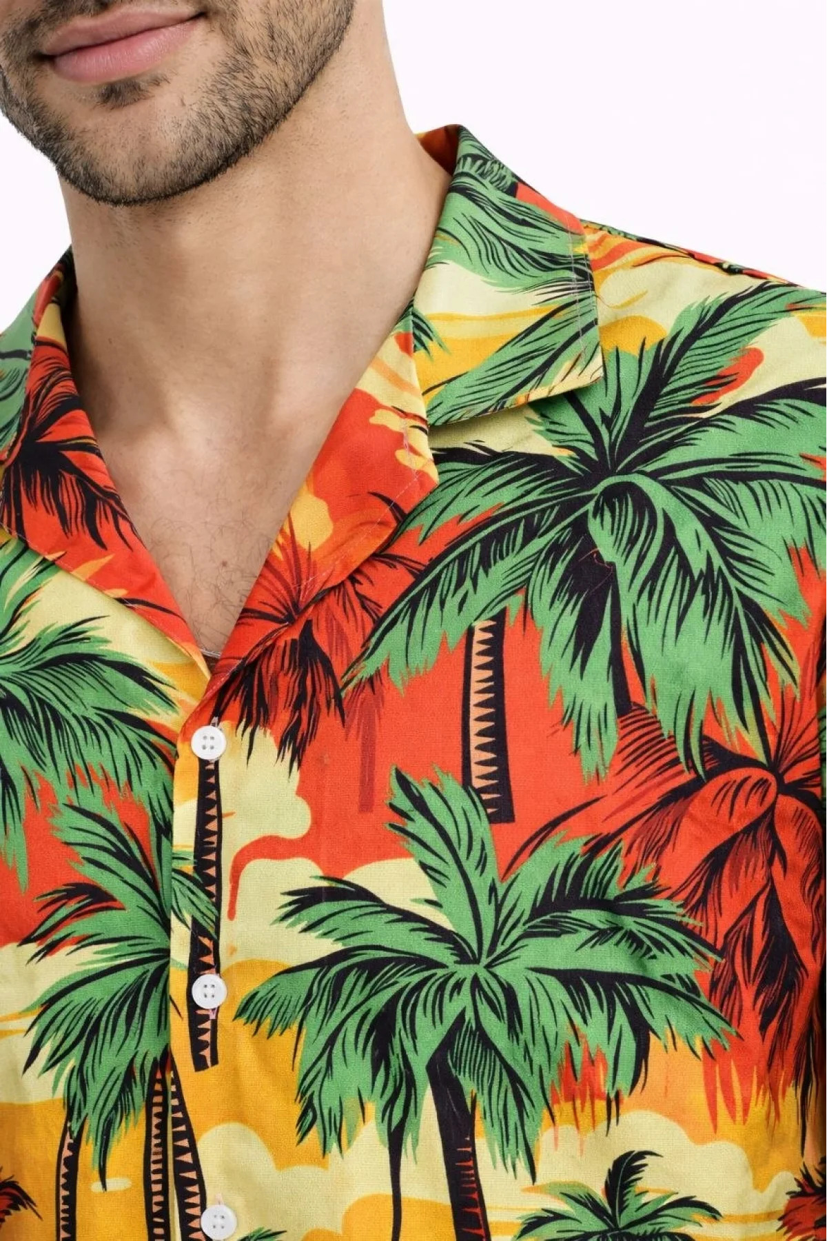 Erkek Hawaii Tarz Tropikal Palmiye Desenli Kısa Kol Gömlek Rahat Kalıp Yazlık - Desenli