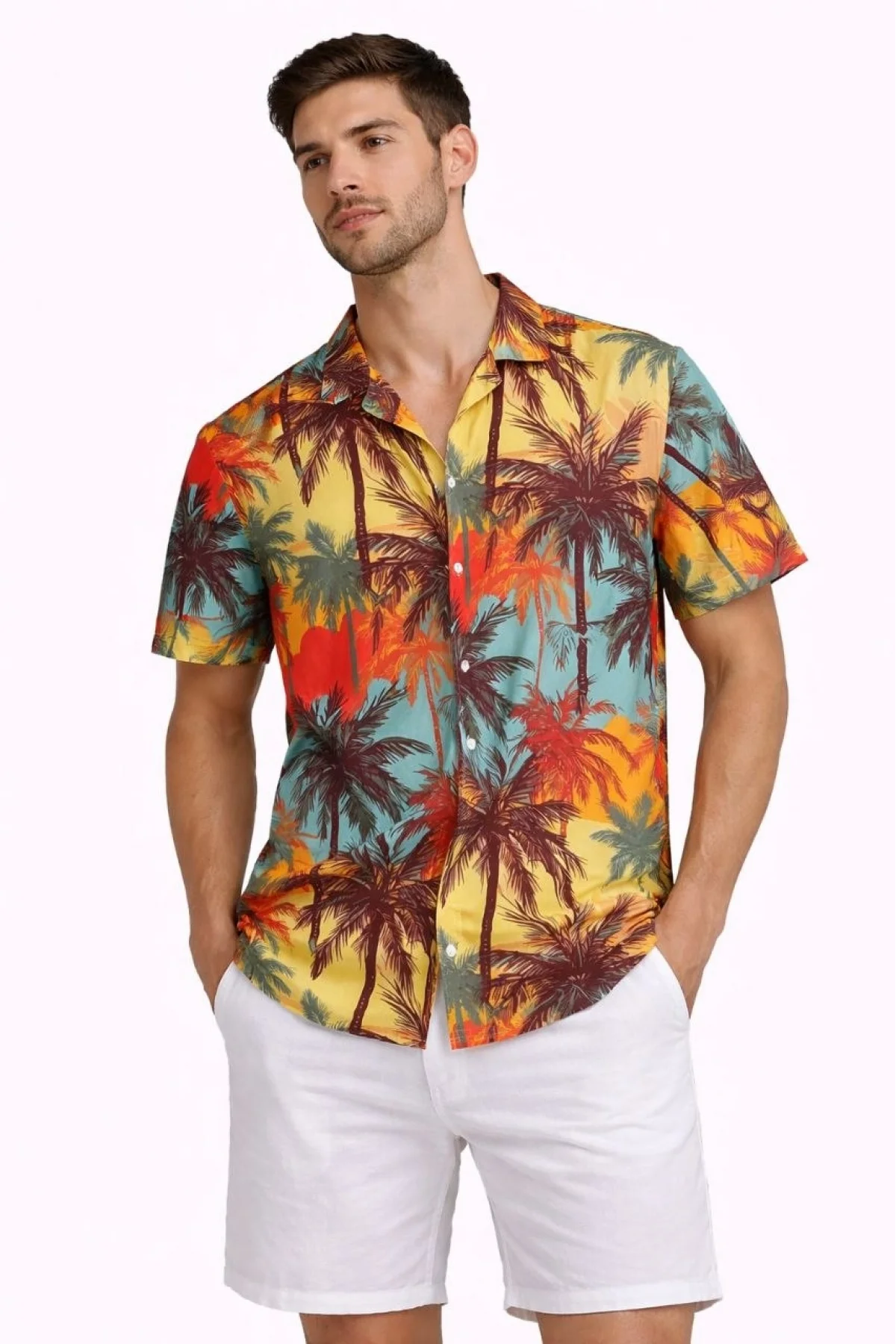 Erkek Tropikal Palmiye Desenli Kısa Kol Gömlek Yazlık Rahat Kalıp Dijital Baskılı - Desenli