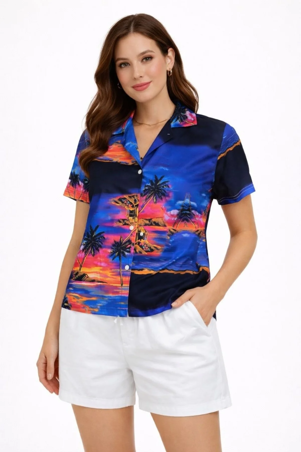 Kadın Gün Batımı Tropikal Desenli Kısa Kol Gömlek Şort Takım Yazlık Rahat Kalıp - Desenli