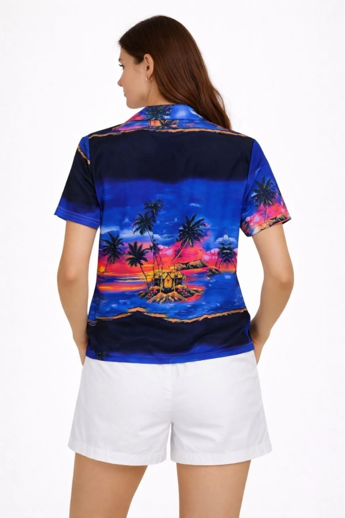 Kadın Gün Batımı Tropikal Desenli Kısa Kol Gömlek Şort Takım Yazlık Rahat Kalıp - Desenli