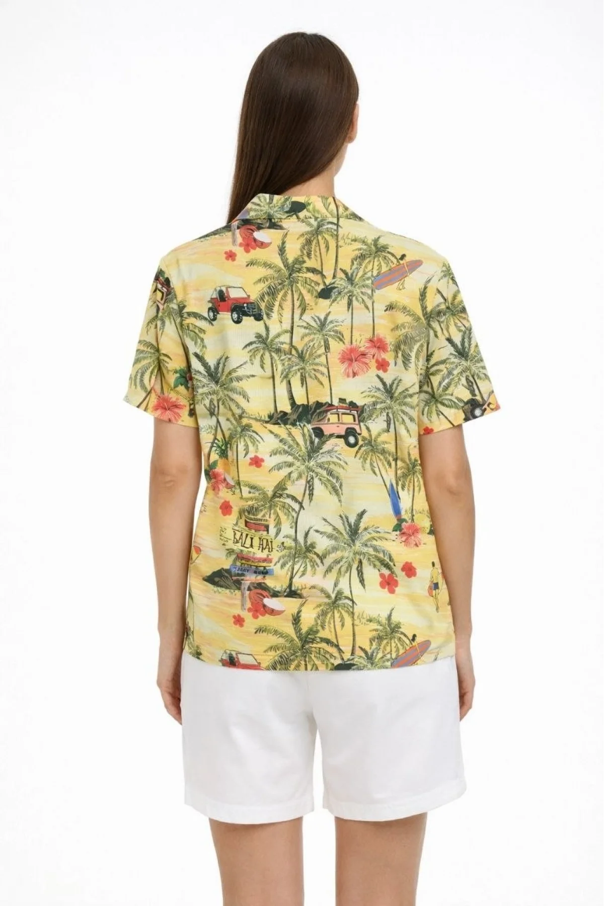 Kadın Gün Batımı Tropikal Desenli Kısa Kol Gömlek Şort Takım Yazlık Rahat Kalıp - Desenli