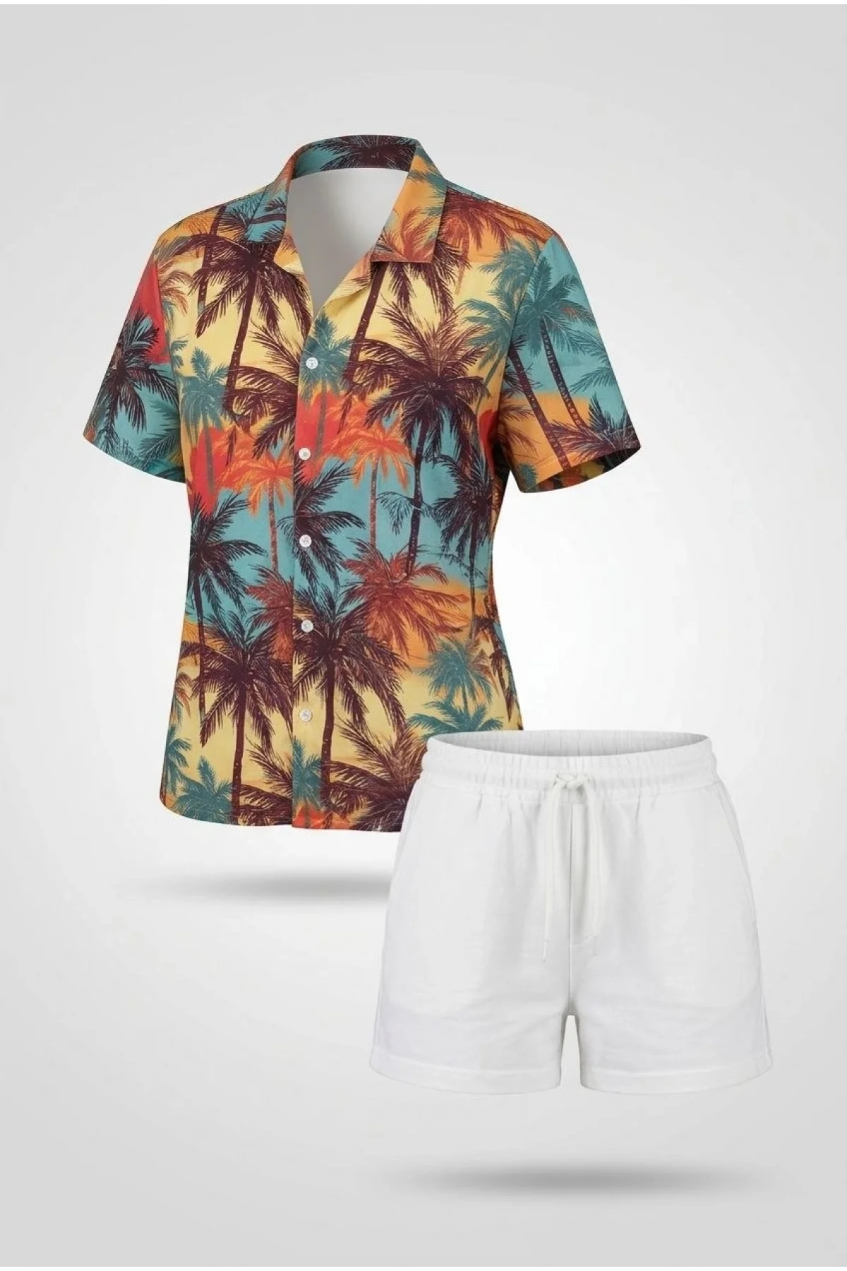 Kadın Tropikal Palmiye Desenli Kısa Kol Gömlek Şort Takım Yazlık Rahat Kalıp - Desenli