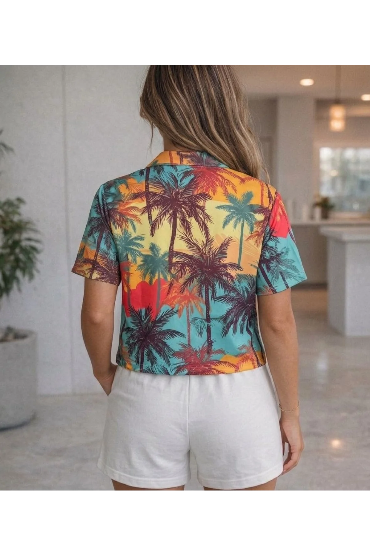 Kadın Tropikal Palmiye Desenli Kısa Kol Gömlek Şort Takım Yazlık Rahat Kalıp - Desenli