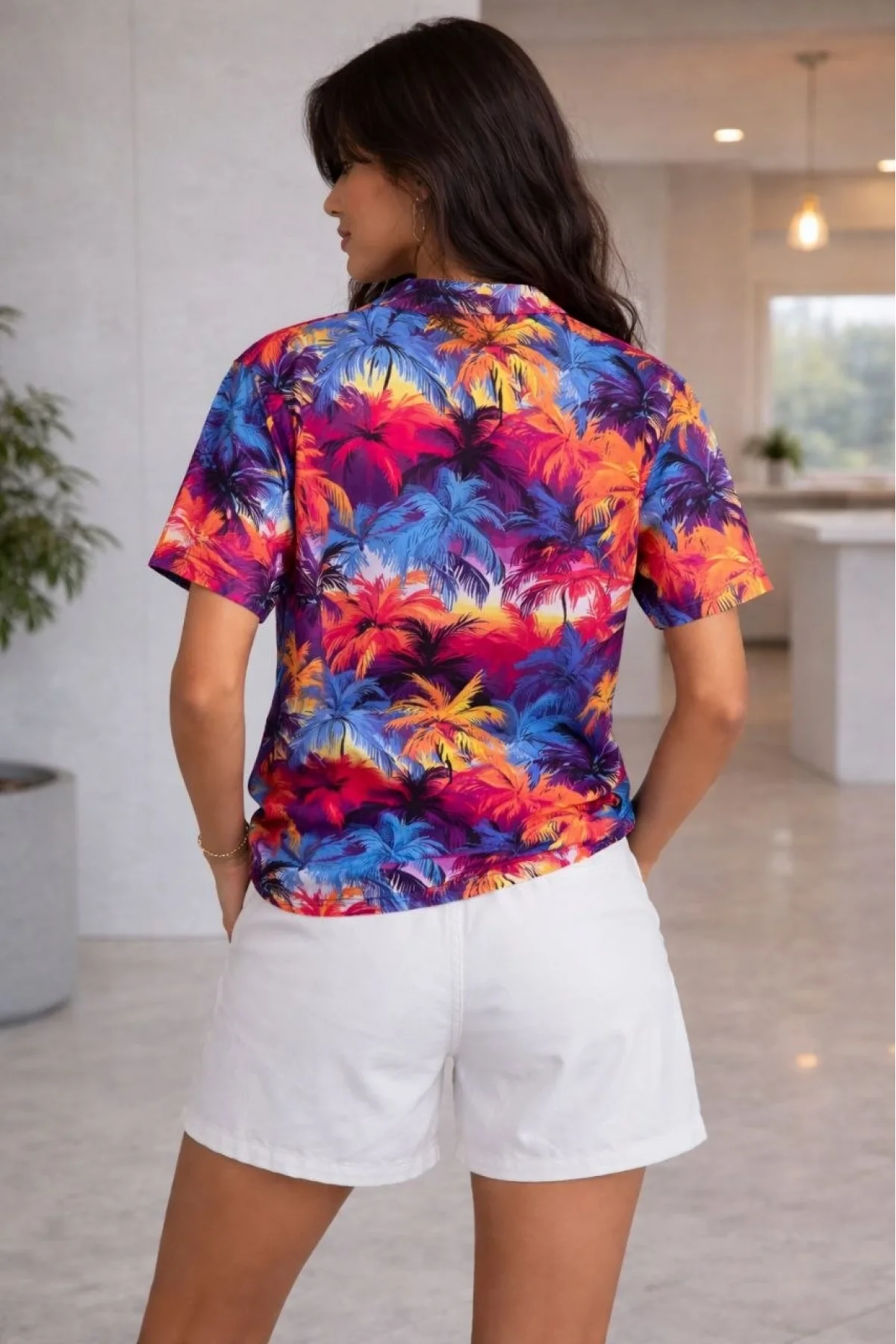 Kadın Renkli Tropikal Palmiye Desenli Kısa Kol Gömlek Şort Takım Yazlık Rahat Kalıp - Desenli