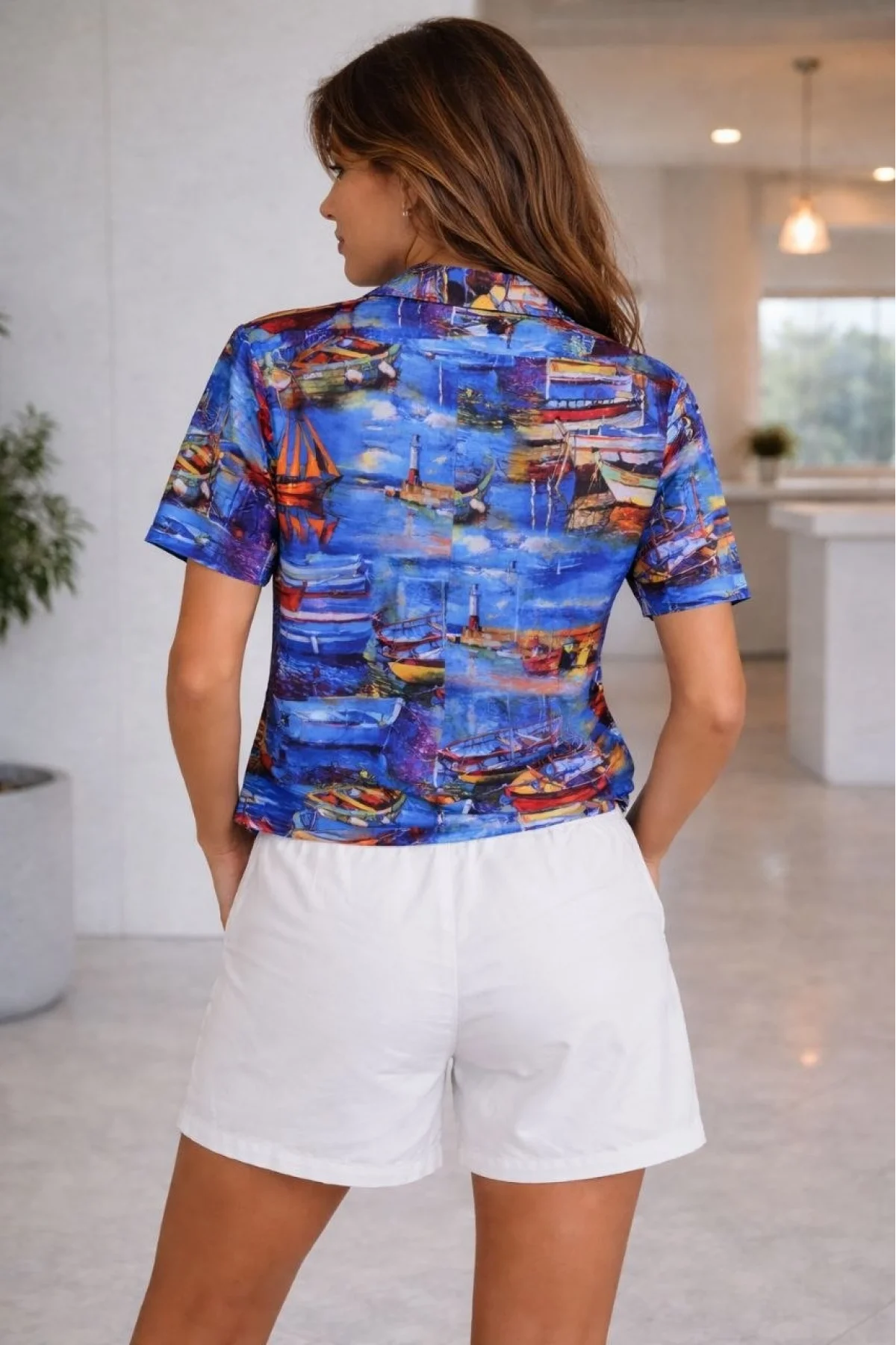 Kadın Deniz Temalı Desenli Kısa Kol Gömlek Şort Takım Yazlık Rahat Kalıp - Desenli