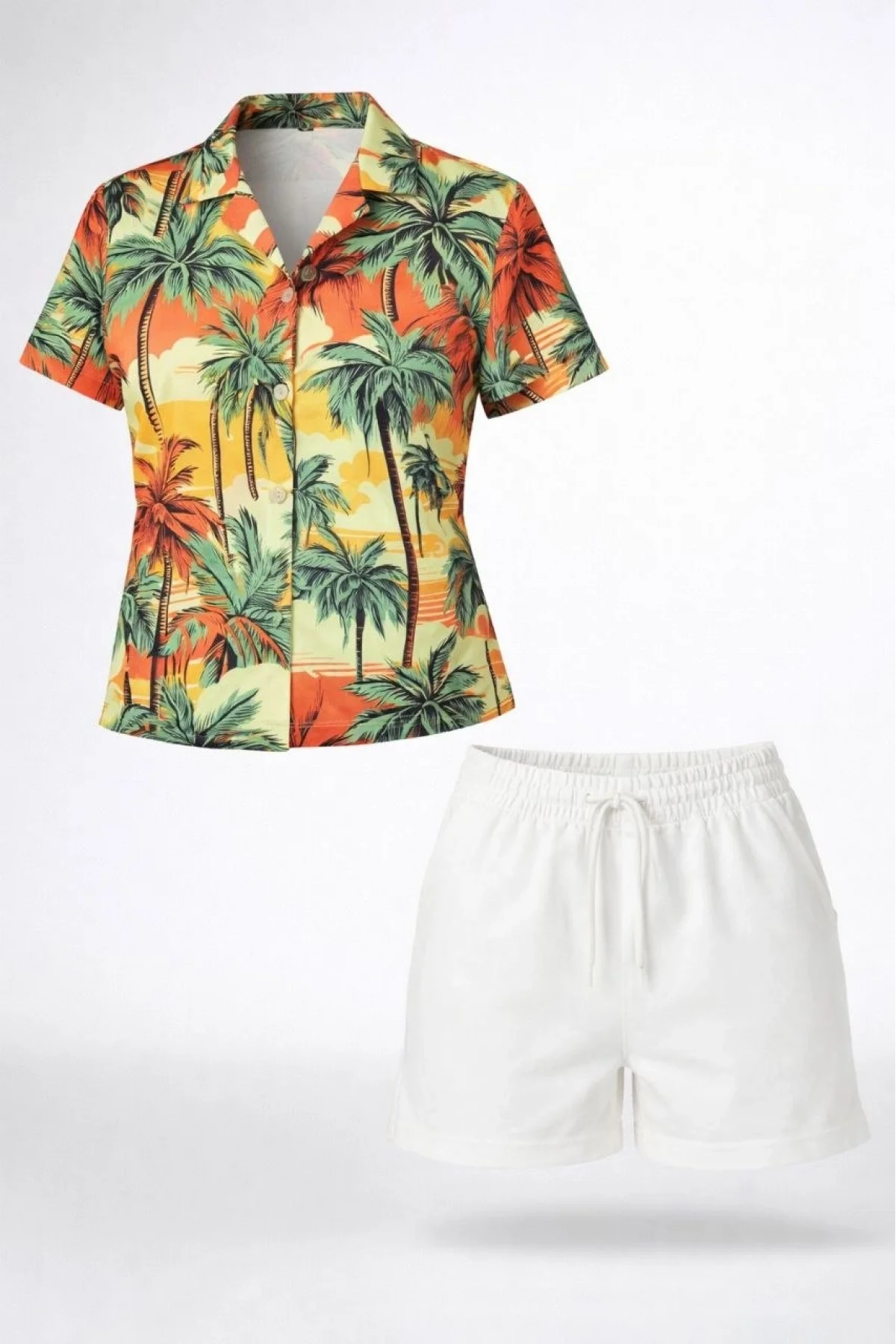 Kadın Tropikal Palmiye Desenli Kısa Kol Gömlek Şort Takım Yazlık Rahat - Desenli