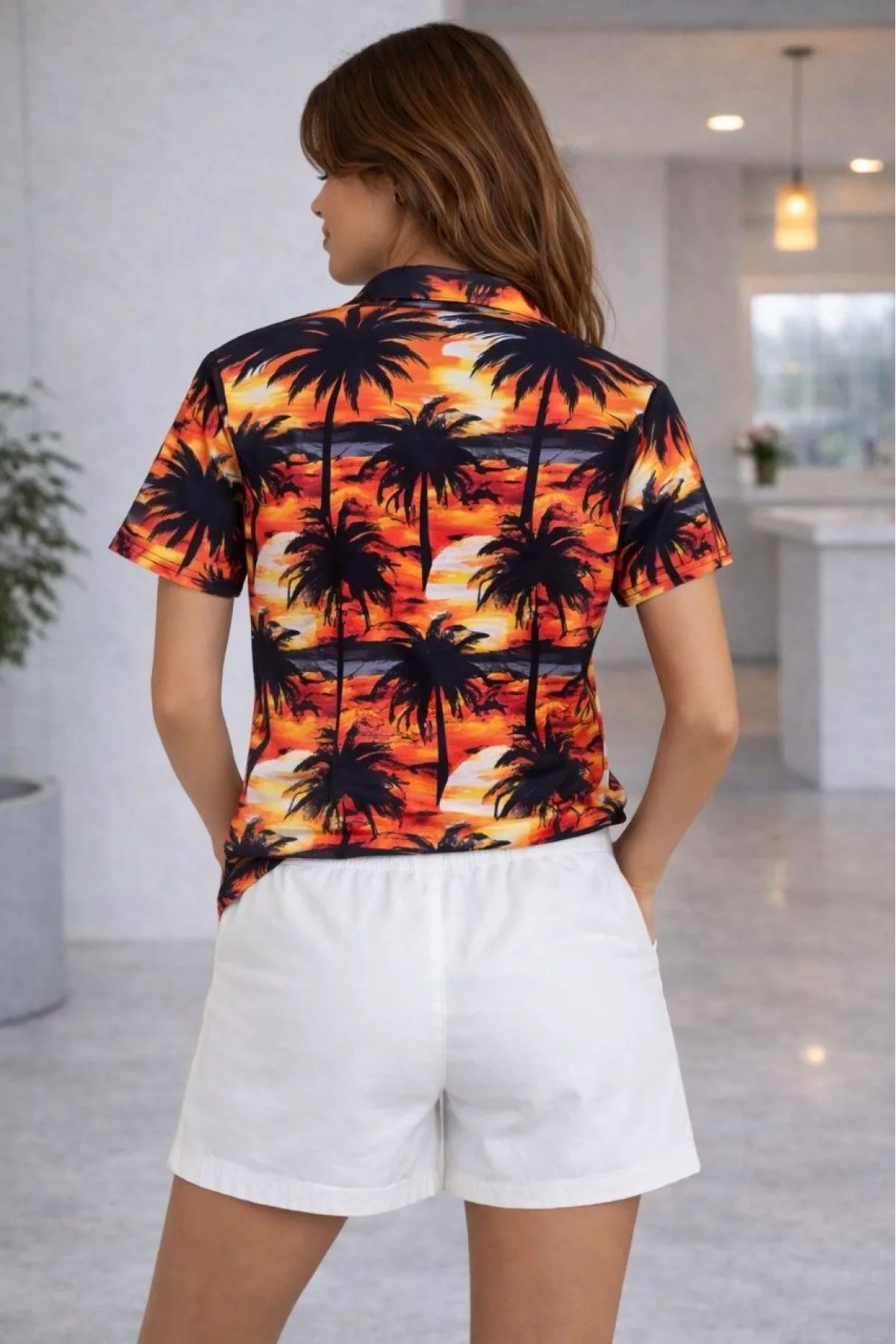 Kadın Tropikal Palmiye Desenli Gömlek Şort Takım Yazlık Rahat Kalıp - Desenli