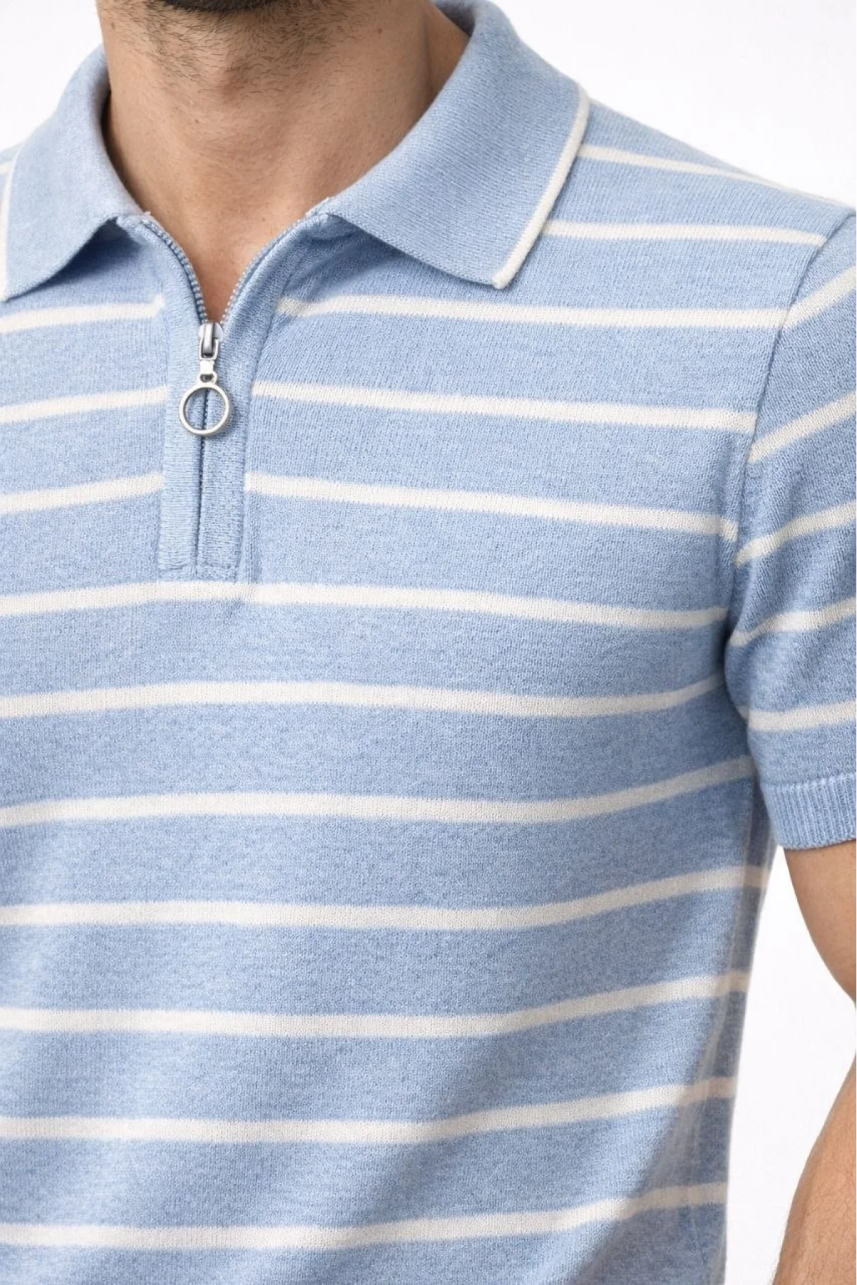 Erkek Triko Polo Yaka Fermuarlı Çizgili Tişört T-Shirt Yazlık Şık - Bebek Mavisi