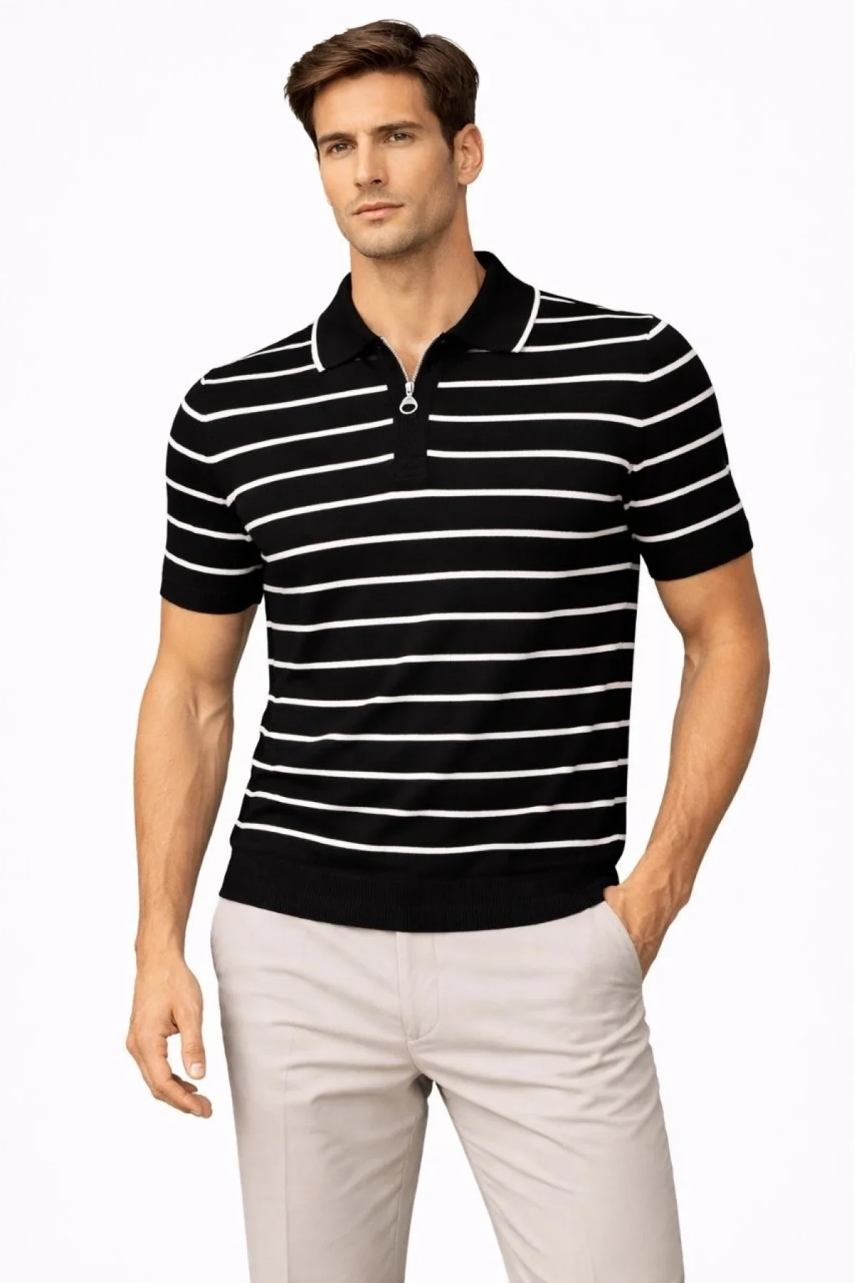 Erkek Triko Polo Yaka Fermuarlı Çizgili Tişört T-Shirt Yazlık Şık - Siyah