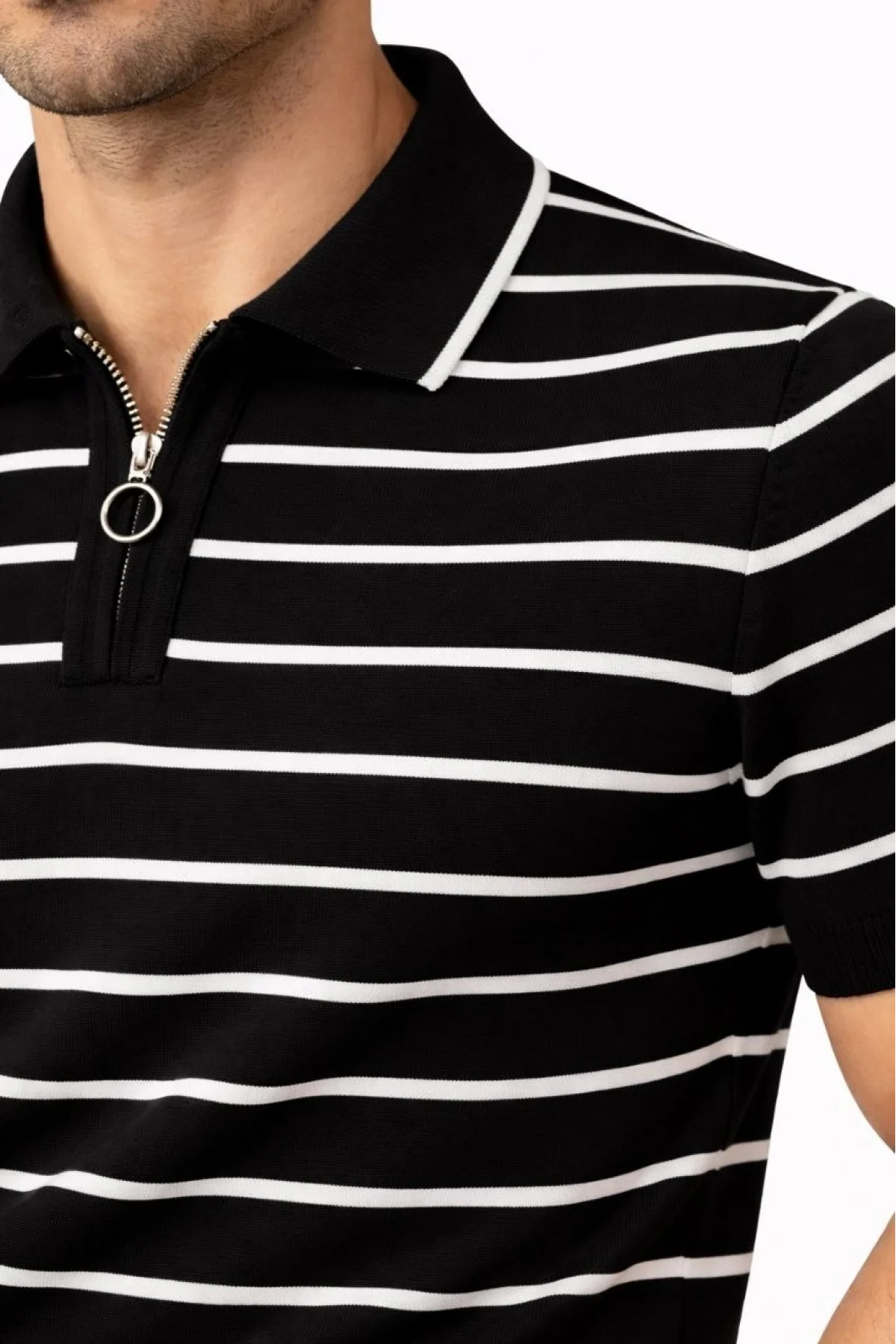 Erkek Triko Polo Yaka Fermuarlı Çizgili Tişört T-Shirt Yazlık Şık - Siyah