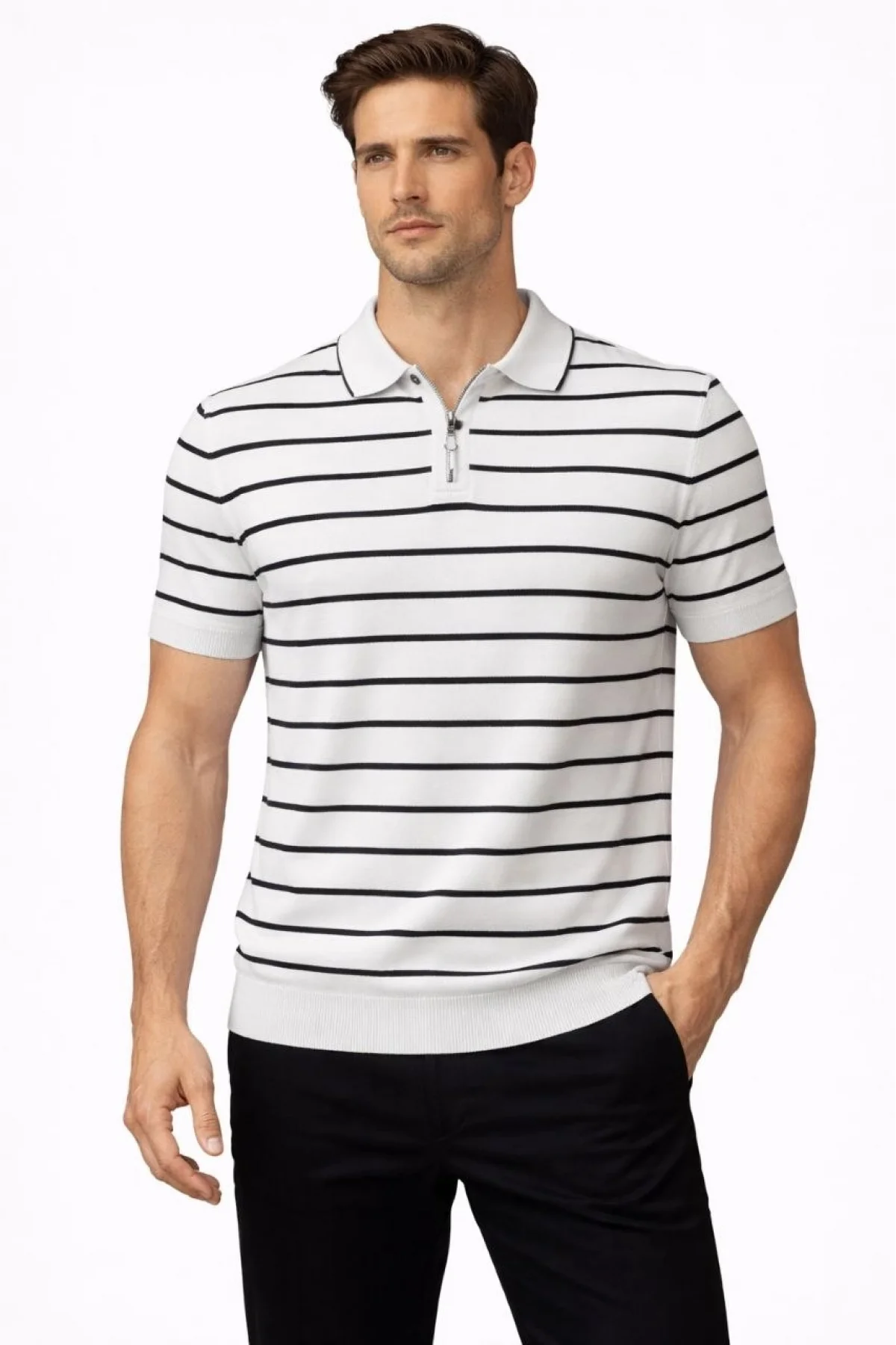 Erkek Triko Polo Yaka Fermuarlı Çizgili Tişört T-Shirt Yazlık Şık - Beyaz