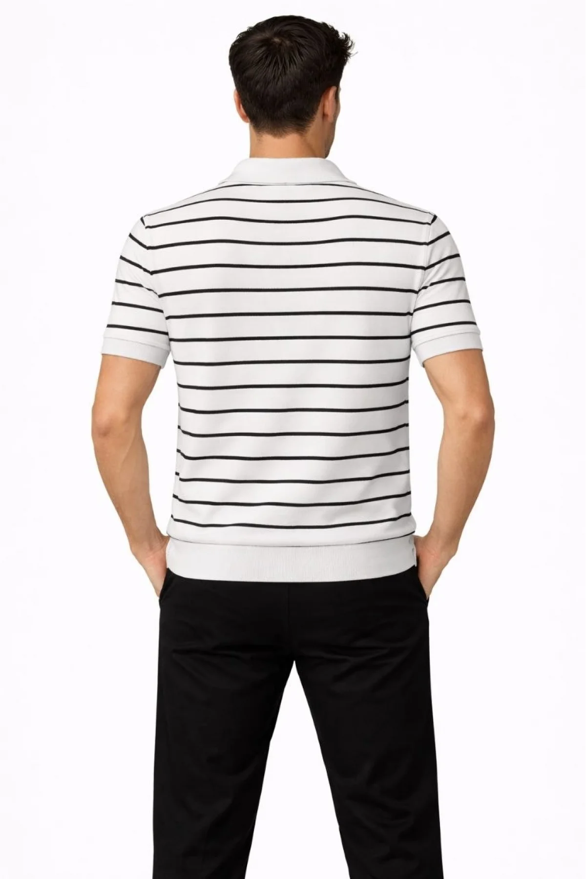 Erkek Triko Polo Yaka Fermuarlı Çizgili Tişört T-Shirt Yazlık Şık - Beyaz