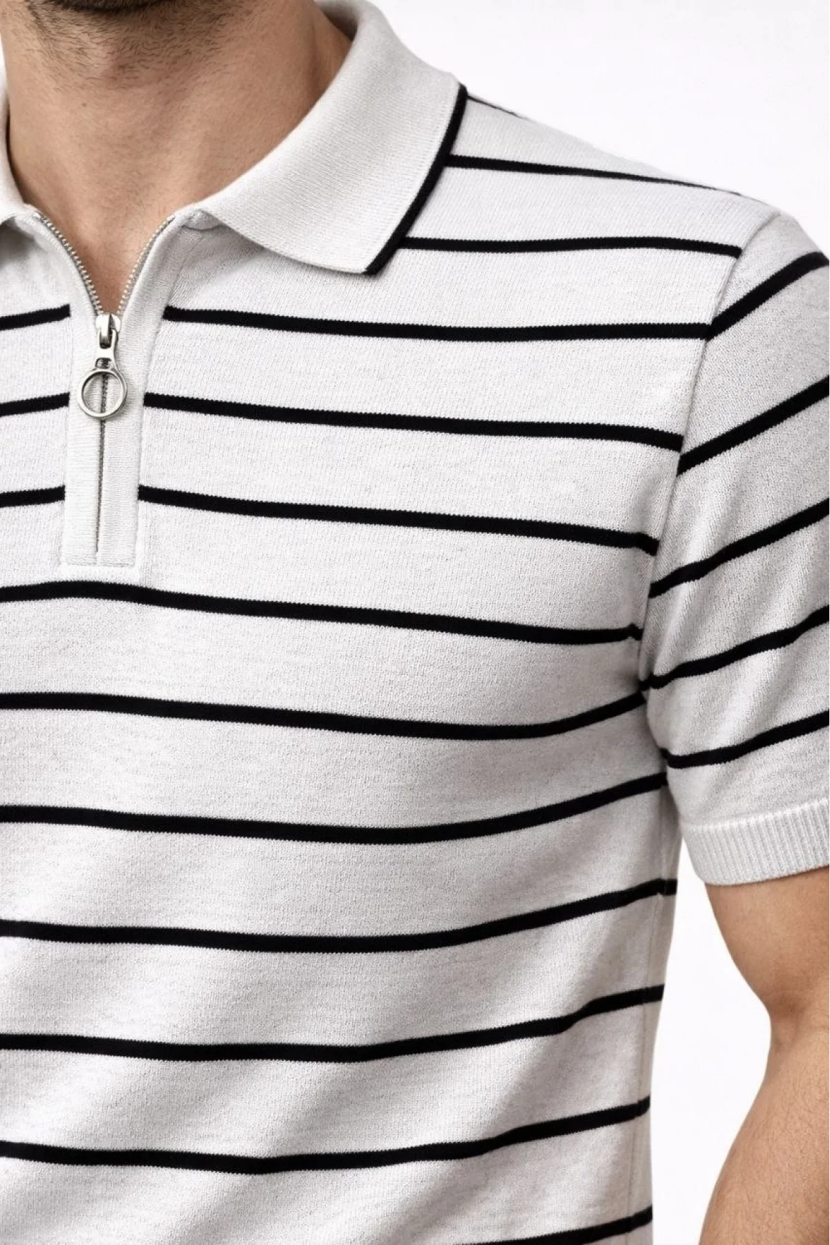Erkek Triko Polo Yaka Fermuarlı Çizgili Tişört T-Shirt Yazlık Şık - Beyaz