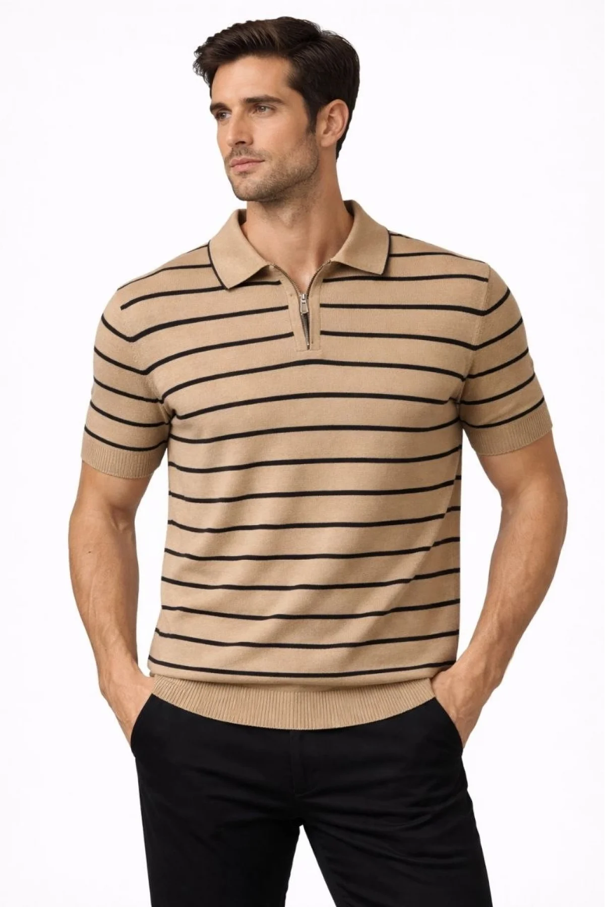 Erkek Triko Polo Yaka Fermuarlı Çizgili Tişört T-Shirt Yazlık Şık - Kahverengi