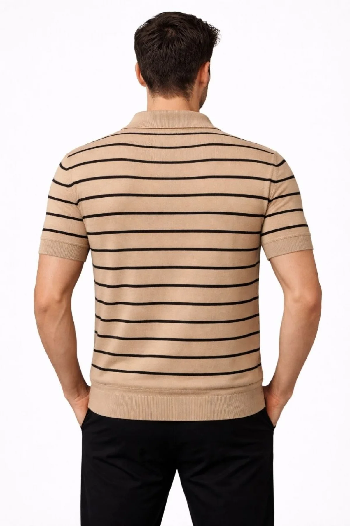 Erkek Triko Polo Yaka Fermuarlı Çizgili Tişört T-Shirt Yazlık Şık - Kahverengi