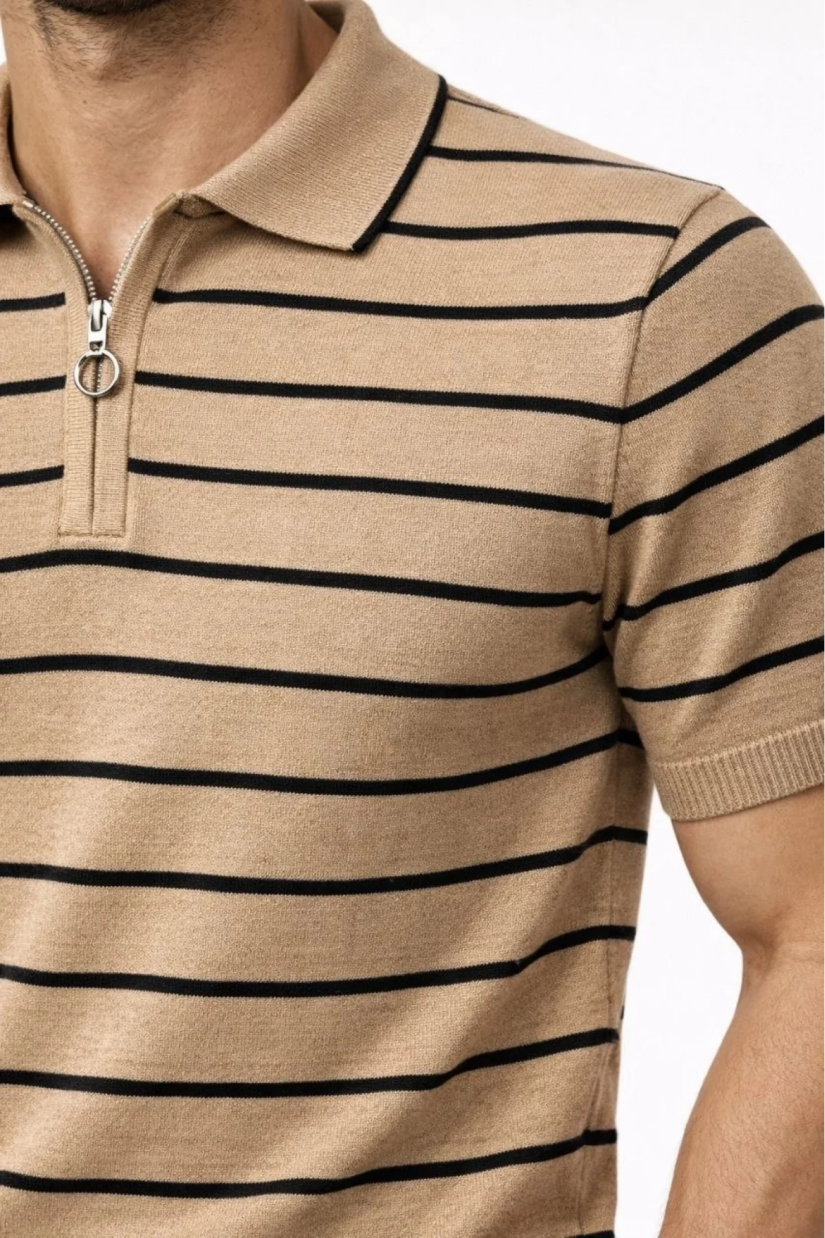 Erkek Triko Polo Yaka Fermuarlı Çizgili Tişört T-Shirt Yazlık Şık - Kahverengi