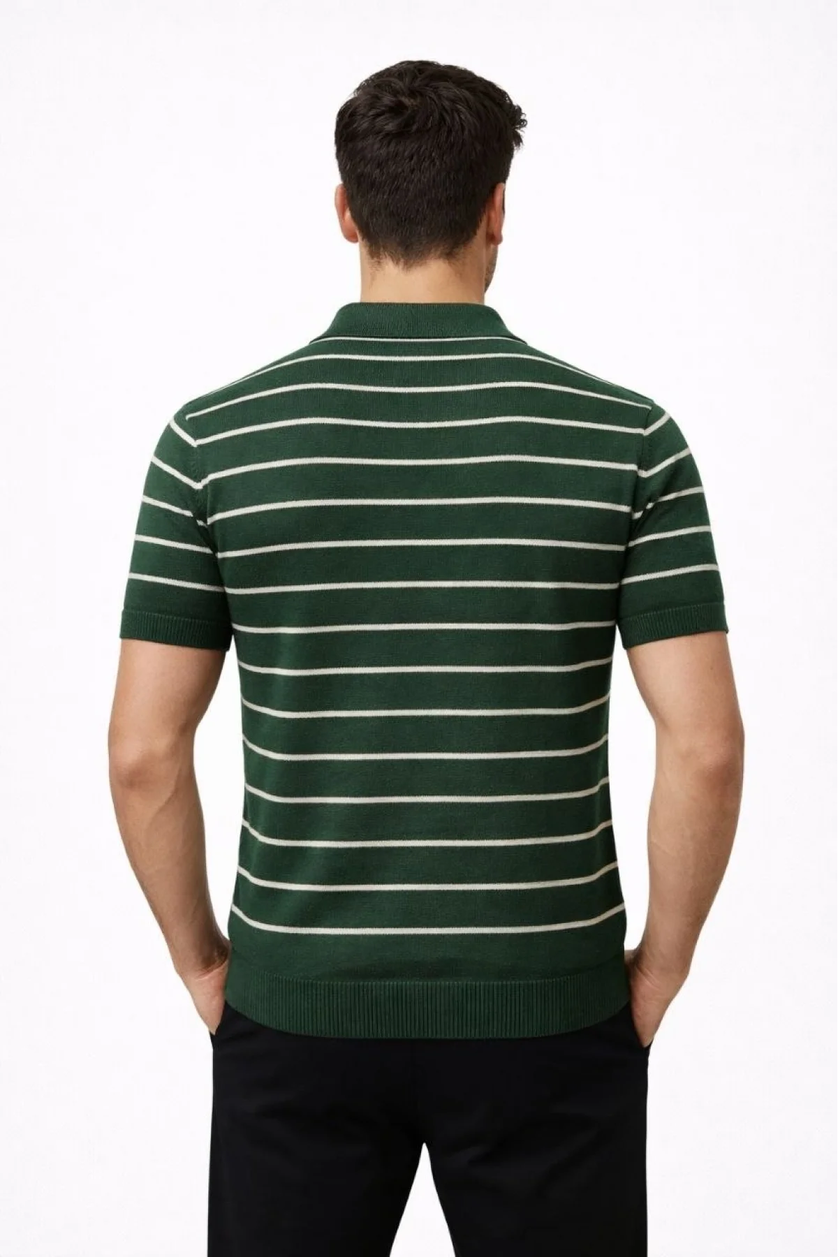 Erkek Triko Polo Yaka Fermuarlı Çizgili Tişört T-Shirt Yazlık Şık - Yeşil