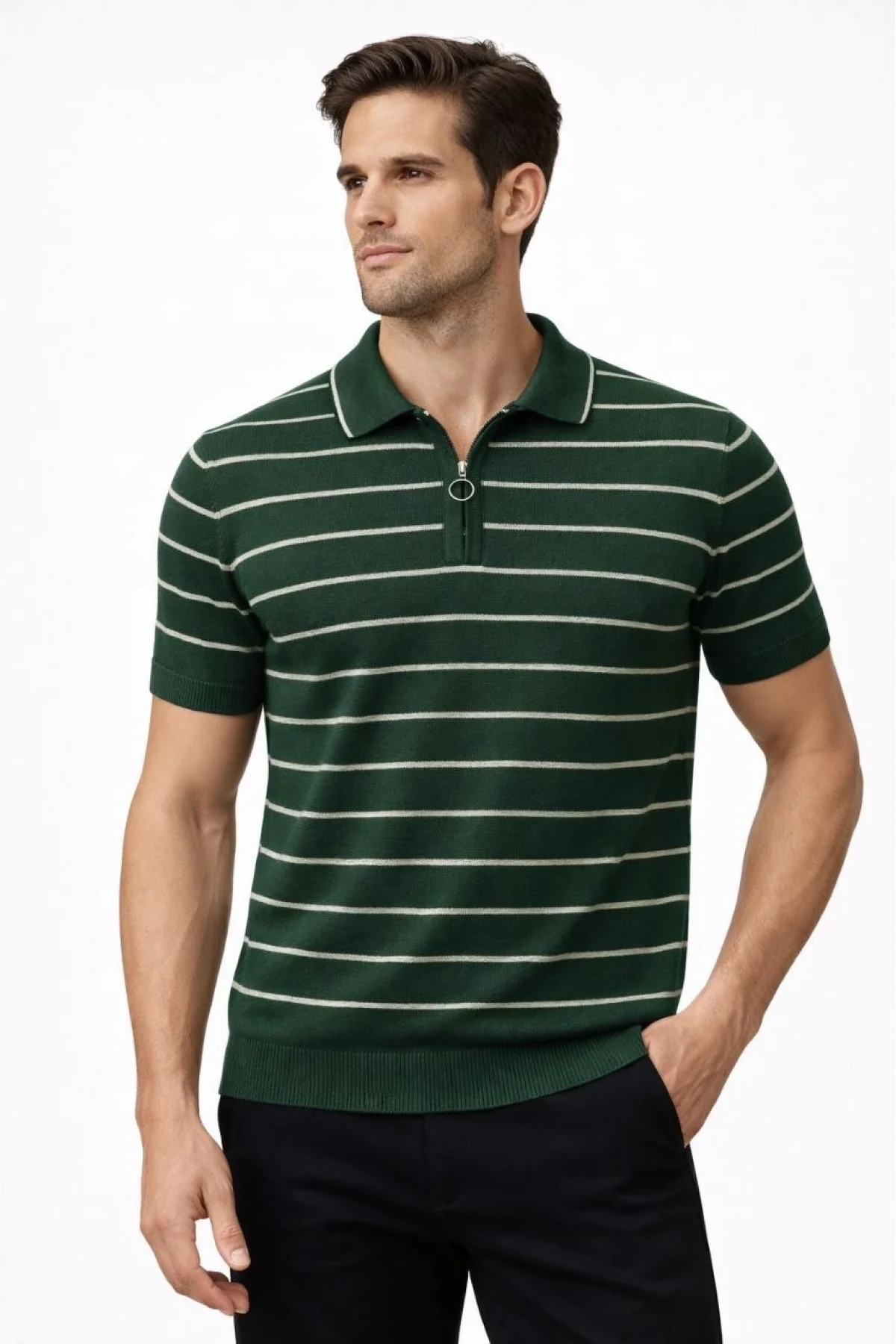 Erkek Triko Polo Yaka Fermuarlı Çizgili Tişört T-Shirt Yazlık Şık - Yeşil