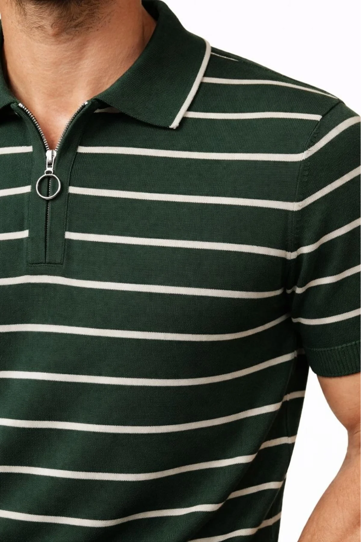 Erkek Triko Polo Yaka Fermuarlı Çizgili Tişört T-Shirt Yazlık Şık - Yeşil