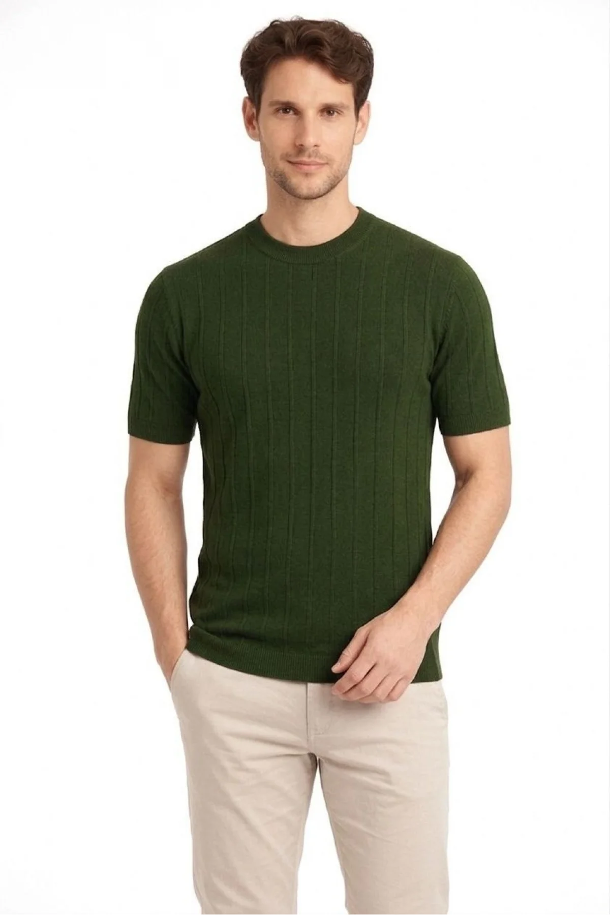 Erkek Yazlık Fitilli Triko Tişört Kısa Kol Bisiklet Yaka T-Shirt - Haki