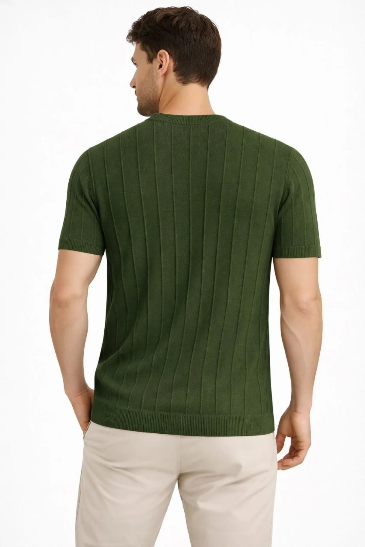 Erkek Yazlık Fitilli Triko Tişört Kısa Kol Bisiklet Yaka T-Shirt - Haki