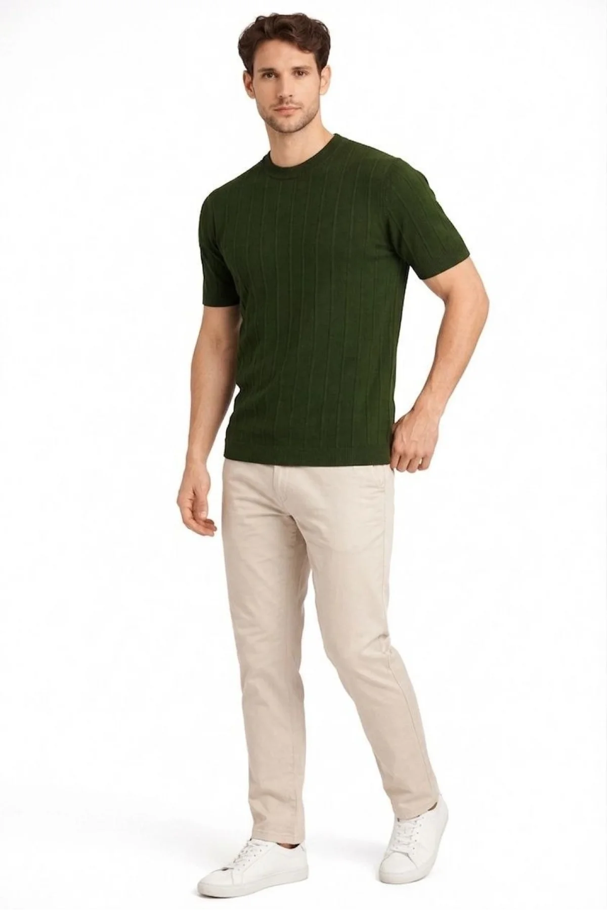 Erkek Yazlık Fitilli Triko Tişört Kısa Kol Bisiklet Yaka T-Shirt - Haki